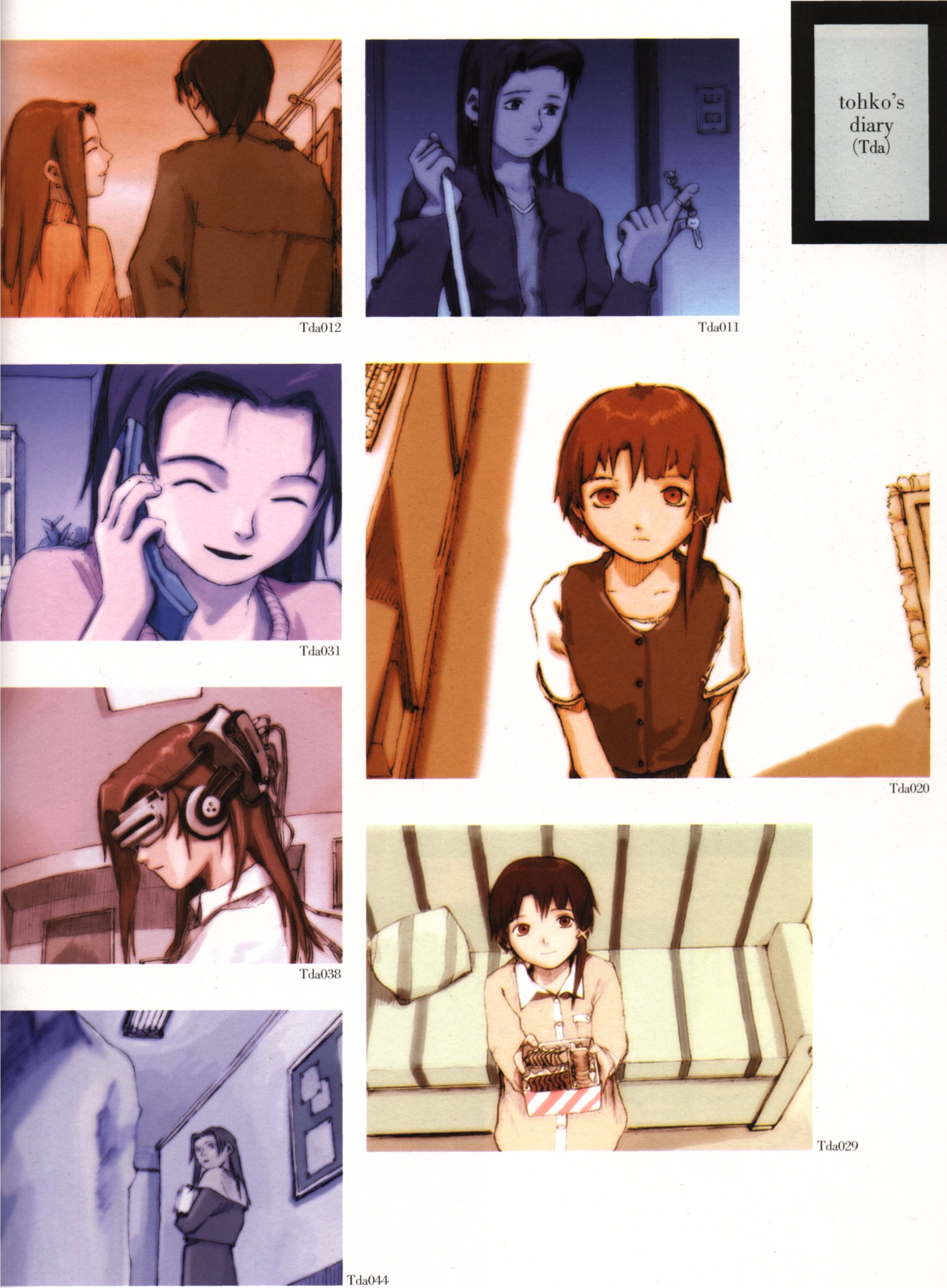 abe yoshitoshi, iwakura lain, yonera touko, serial experiments lain, absurdres, artbook, highres, official art, scan, 1990s (style), 1boy, 3girls, bento, brown eyes, brown hair, closed eyes, couch, english text, from above, from below, head-mounted display, indoors, key, multiple girls, multiple views, outdoors, pajamas, phone, retro artstyle, short hair, sitting, smile, standing