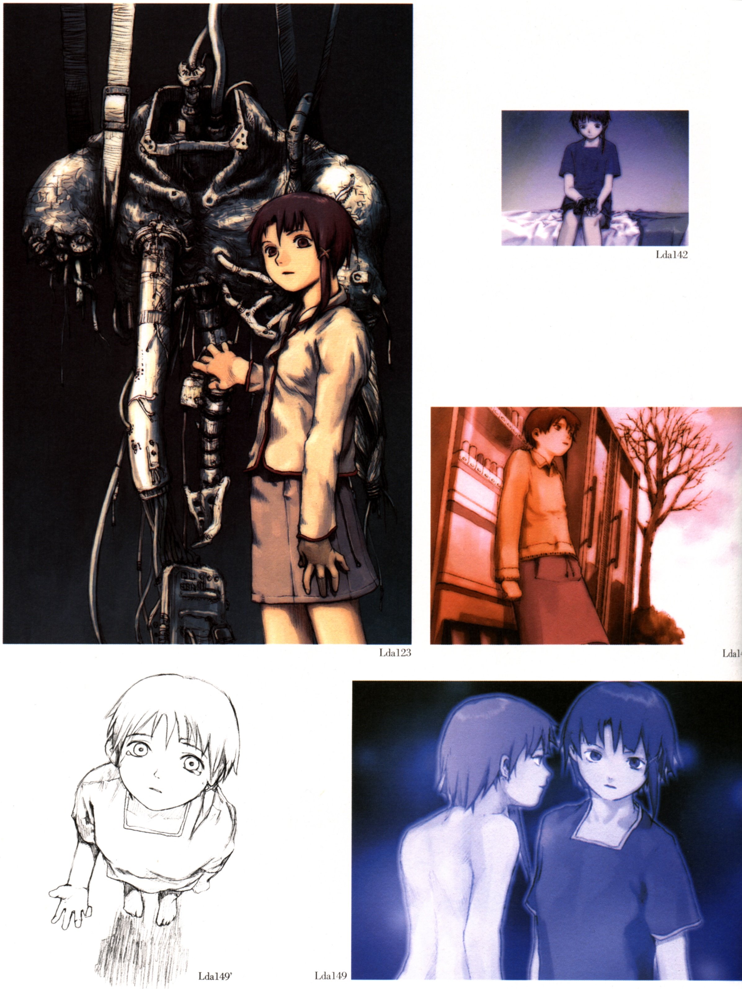 abe yoshitoshi, iwakura lain, serial experiments lain, absurdres, artbook, highres, official art, scan, traditional media, 1990s (style), 1girl, bed, brown eyes, brown hair, dual persona, dusk, from above, machine, monochrome, nude, partially colored, short hair, sitting, sketch, skirt, tears, tree, vending machine