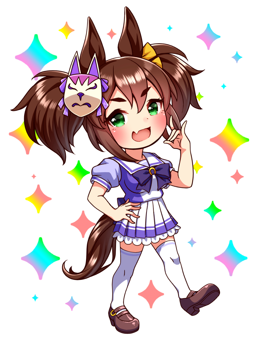 sugimotty nova, inari one (umamusume), umamusume, commentary request, highres, 1girl, animal ears, blue eyes, blush, bow, bowtie, breasts, brown hair, chibi, chibi only, collarbone, fang, fox mask, fox shadow puppet, full body, green eyes, hair between eyes, horse ears, horse girl, horse tail, large breasts, long hair, looking at viewer, mask, mask on head, open mouth, pleated skirt, puffy short sleeves, puffy sleeves, purple bow, purple bowtie, purple shirt, sailor collar, sailor shirt, school uniform, shirt, shoes, short sleeves, skirt, smile, solo, tail, thighhighs, tracen school uniform, twintails, white sailor collar, white skirt, white thighhighs, zettai ryouiki