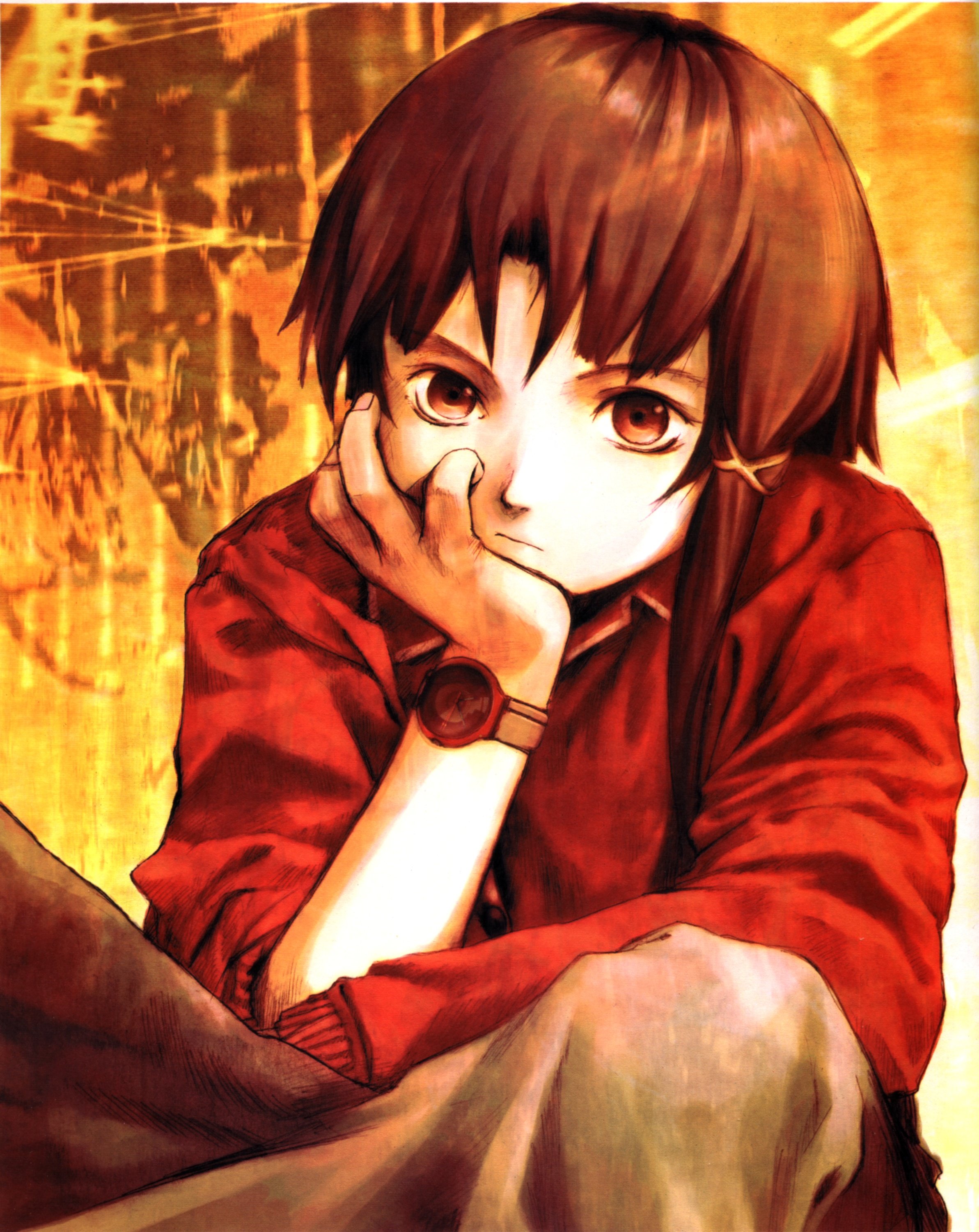 abe yoshitoshi, iwakura lain, serial experiments lain, absurdres, artbook, highres, official art, scan, 1990s (style), 1girl, blouse, brown eyes, brown hair, female focus, hand on own cheek, hand on own face, head rest, orange background, red shirt, retro artstyle, shirt, short hair, sitting, skirt, solo, watch, wristwatch