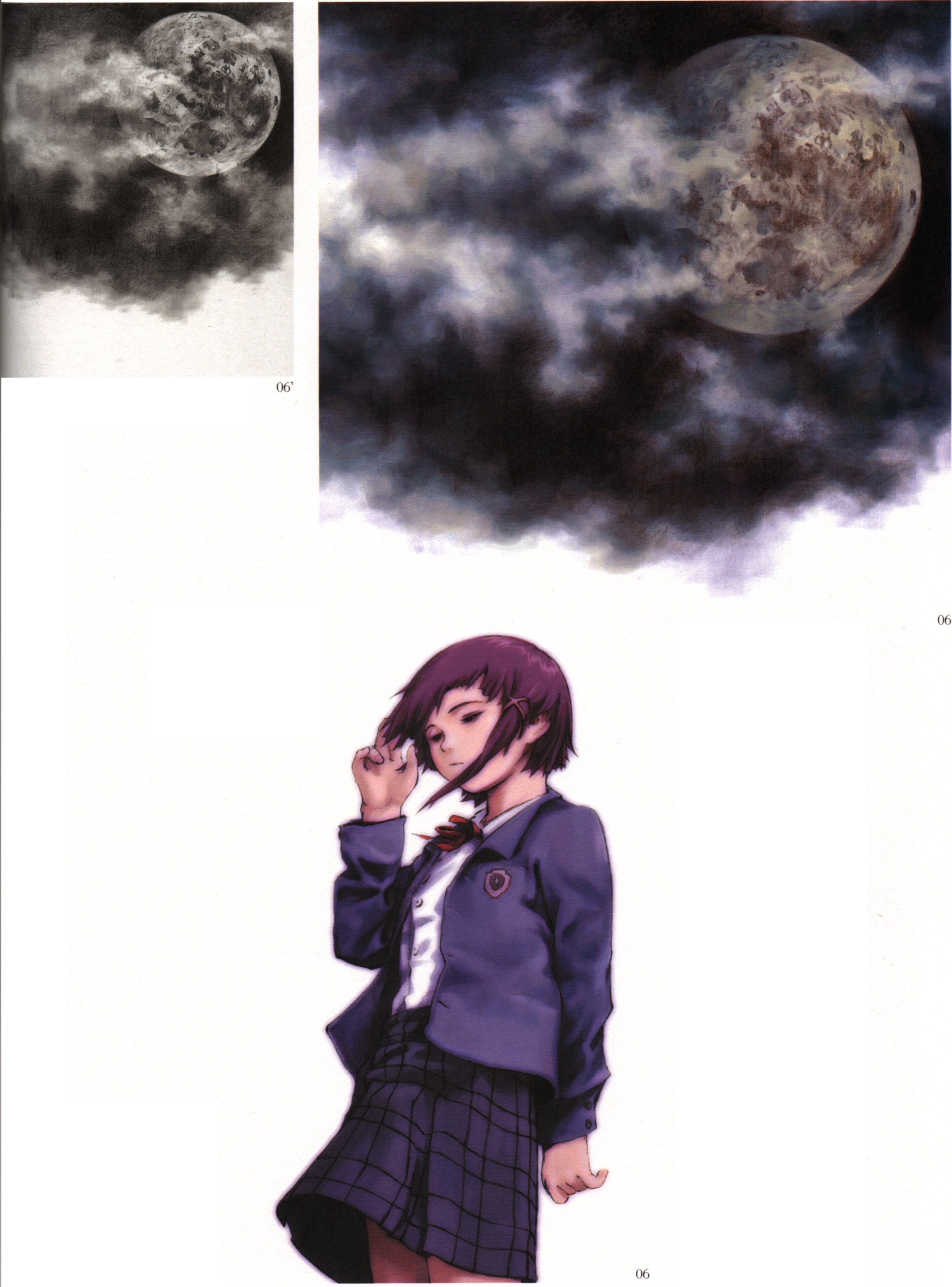 abe yoshitoshi, iwakura lain, serial experiments lain, absurdres, artbook, highres, official art, scan, 1990s (style), 1girl, blazer, brown hair, closed eyes, cloud, cowboy shot, female focus, jacket, moon, night, plaid clothes, plaid skirt, retro artstyle, school uniform, short hair, skirt, sky, solo, standing, wind