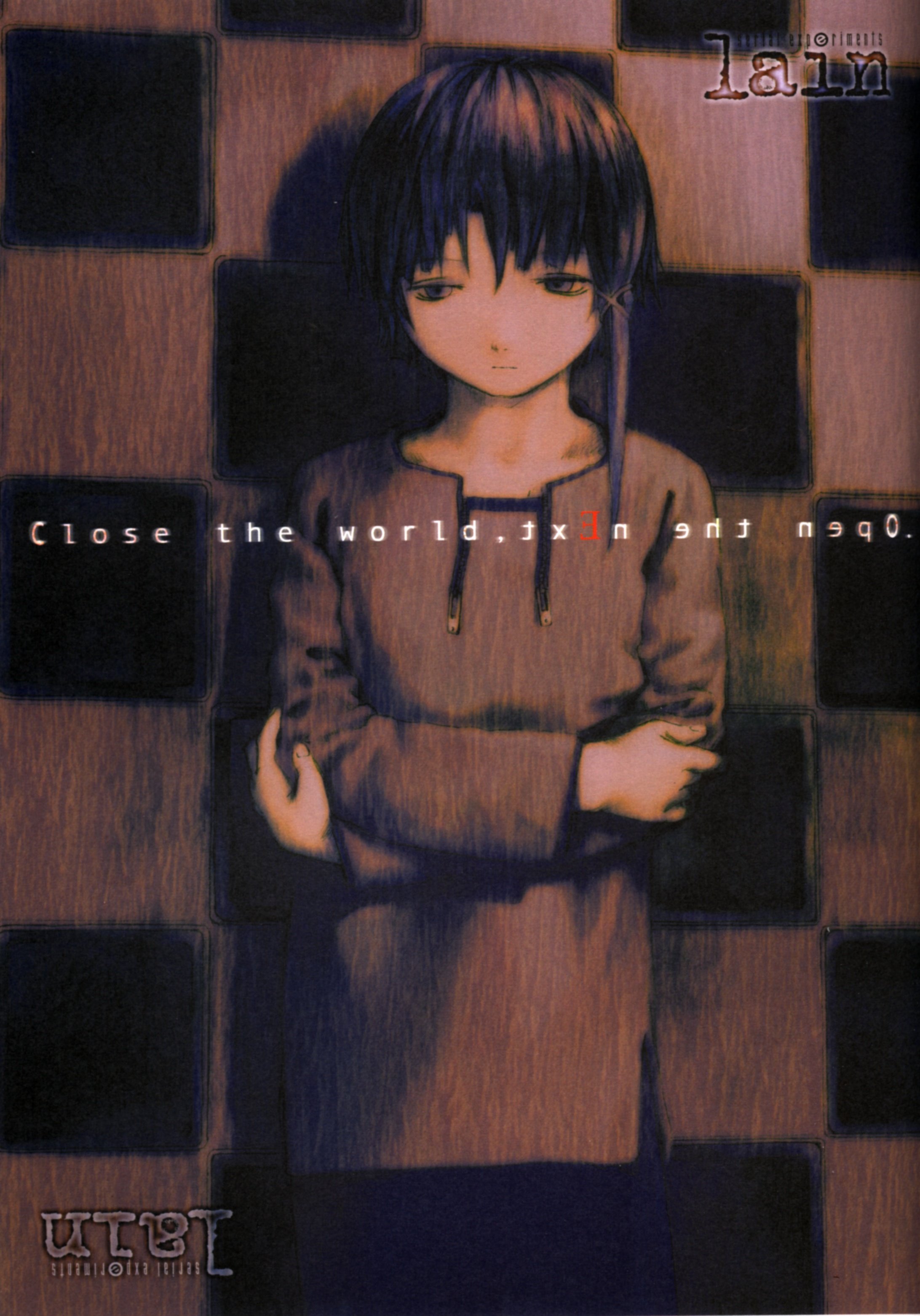 abe yoshitoshi, iwakura lain, serial experiments lain, absurdres, artbook, highres, official art, scan, 1990s (style), 1girl, brown eyes, brown hair, checkered background, cowboy shot, english text, female focus, looking down, retro artstyle, sepia, short hair, skirt, solo, standing