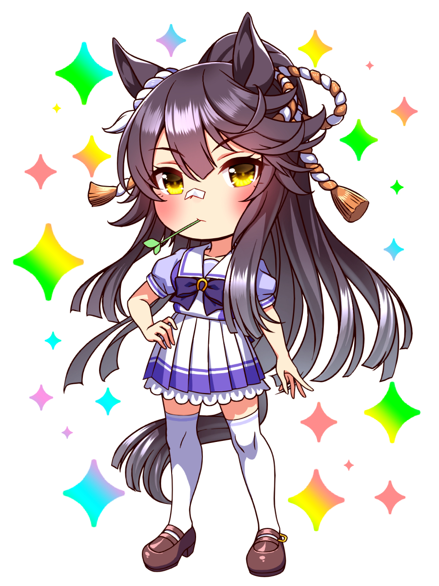 sugimotty nova, narita brian (umamusume), umamusume, commentary request, highres, 1girl, animal ears, bandaid, bandaid on face, bandaid on nose, black hair, blush, bow, bowtie, breasts, chibi, chibi only, closed mouth, collarbone, full body, hair between eyes, horse ears, horse girl, horse tail, long hair, looking at viewer, mouth hold, pleated skirt, ponytail, puffy short sleeves, puffy sleeves, purple bow, purple bowtie, purple shirt, rope, sailor collar, sailor shirt, school uniform, shimenawa, shirt, shoes, short sleeves, skirt, solo, stalk in mouth, tail, thighhighs, tracen school uniform, white sailor collar, white skirt, white thighhighs, yellow eyes, zettai ryouiki