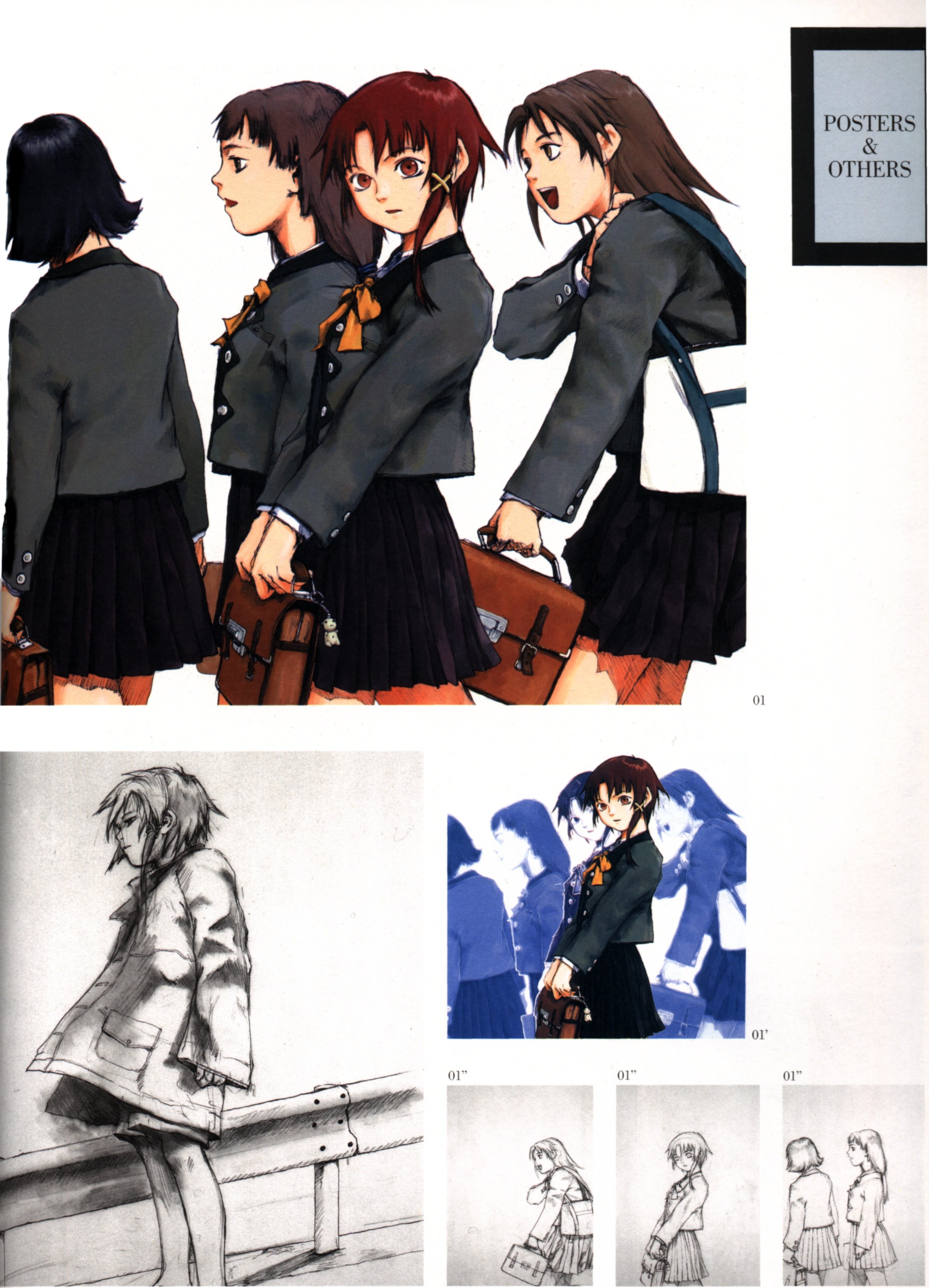 abe yoshitoshi, iwakura lain, serial experiments lain, absurdres, artbook, highres, official art, scan, traditional media, 1990s (style), 4girls, bag, black hair, brown eyes, brown hair, coat, english text, guard rail, monochrome, multiple girls, partially colored, retro artstyle, school bag, school uniform, short hair, sketch, skirt, wind, wind lift
