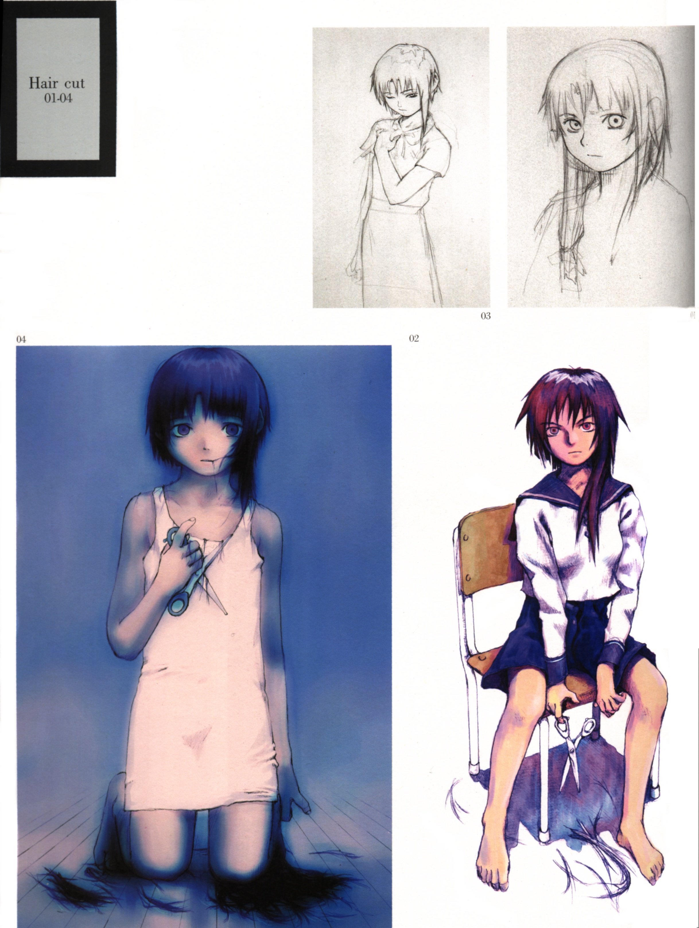 abe yoshitoshi, iwakura lain, serial experiments lain, absurdres, artbook, highres, official art, scan, traditional media, 1990s (style), 1girl, bare shoulders, barefoot, chair, cutting, cutting hair, dress, hair in own mouth, kneeling, monochrome, one eye closed, partially colored, school uniform, scissors, serafuku, short hair, shorts, sitting, sketch, skirt, wink