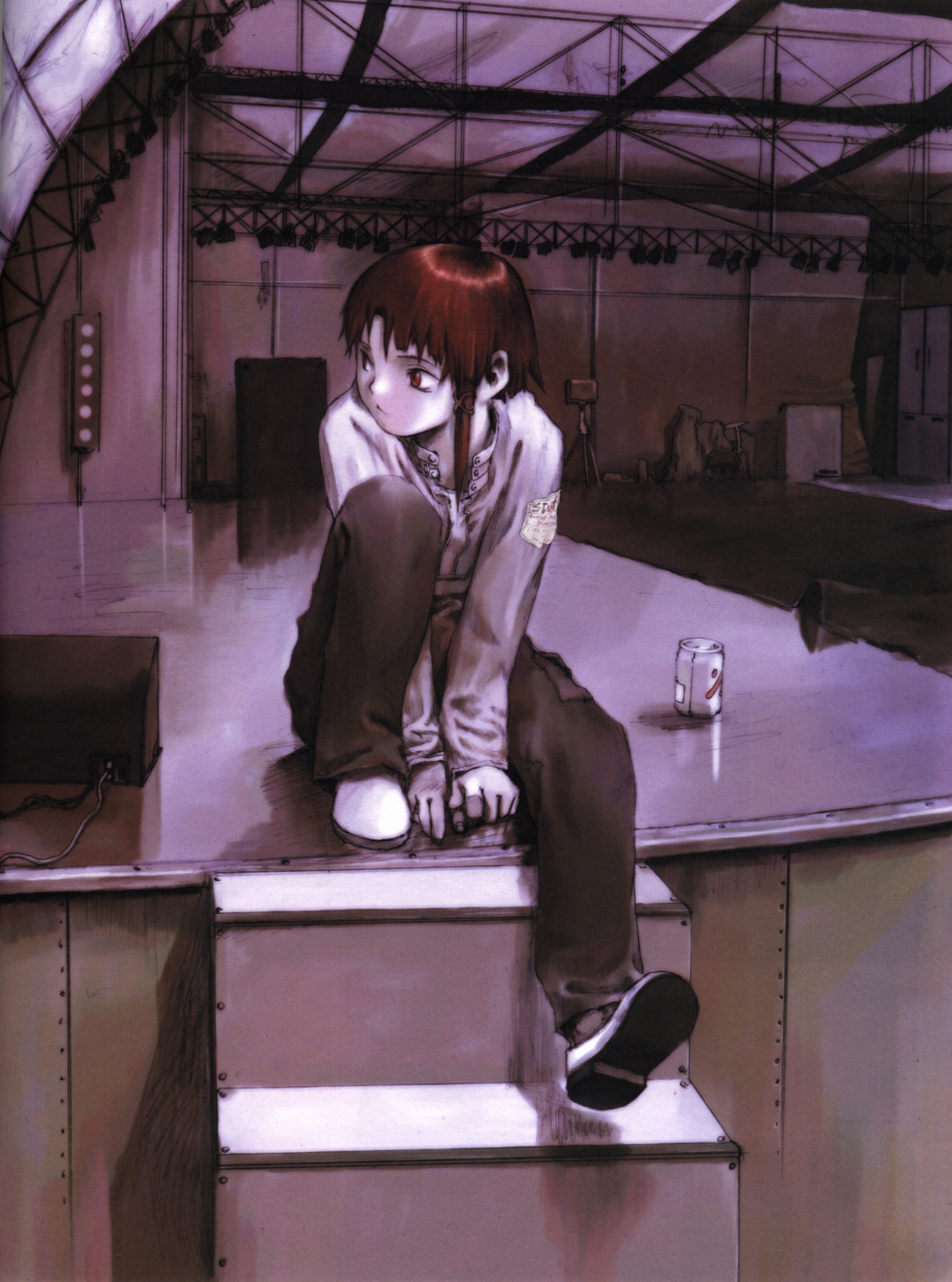 abe yoshitoshi, iwakura lain, serial experiments lain, absurdres, artbook, highres, official art, scan, 1990s (style), 1girl, :<, brown eyes, brown hair, can, casual, drink, drum, drum set, female focus, instrument, looking back, retro artstyle, short hair, sitting, solo, speaker, stage, stage lights, stairs