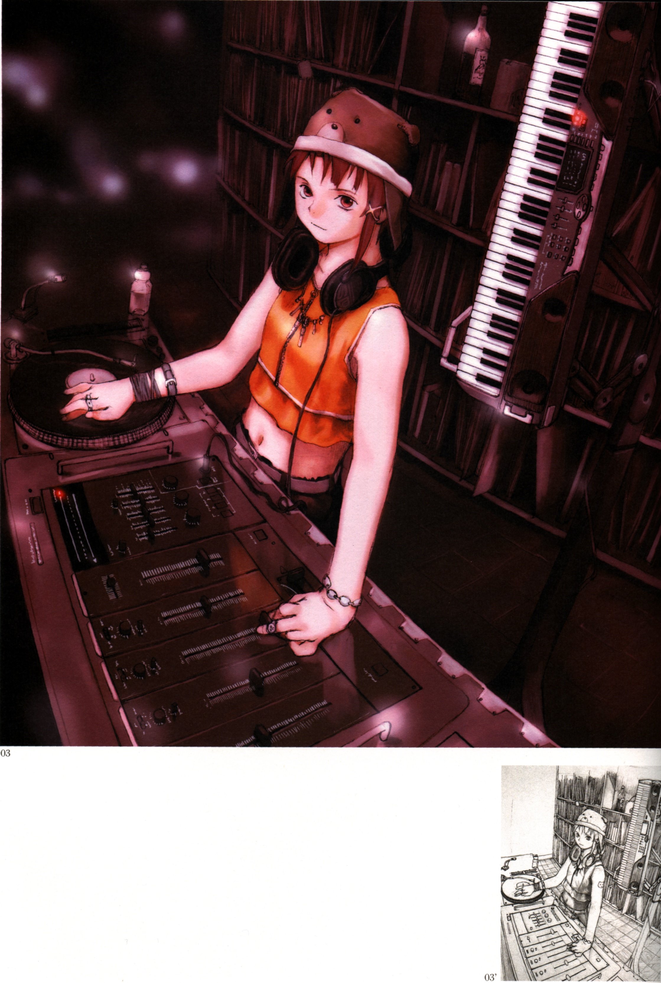 abe yoshitoshi, iwakura lain, serial experiments lain, absurdres, artbook, highres, official art, scan, traditional media, 1990s (style), 1girl, animal ears, bear ears, bottle, bracelet, brown eyes, brown hair, dj, hair ornament, hairclip, hat, headphones, headphones around neck, instrument, jewelry, keyboard (instrument), midriff, mixer, monochrome, necklace, partially colored, phonograph, ring, sketch, synthesizer, turntable