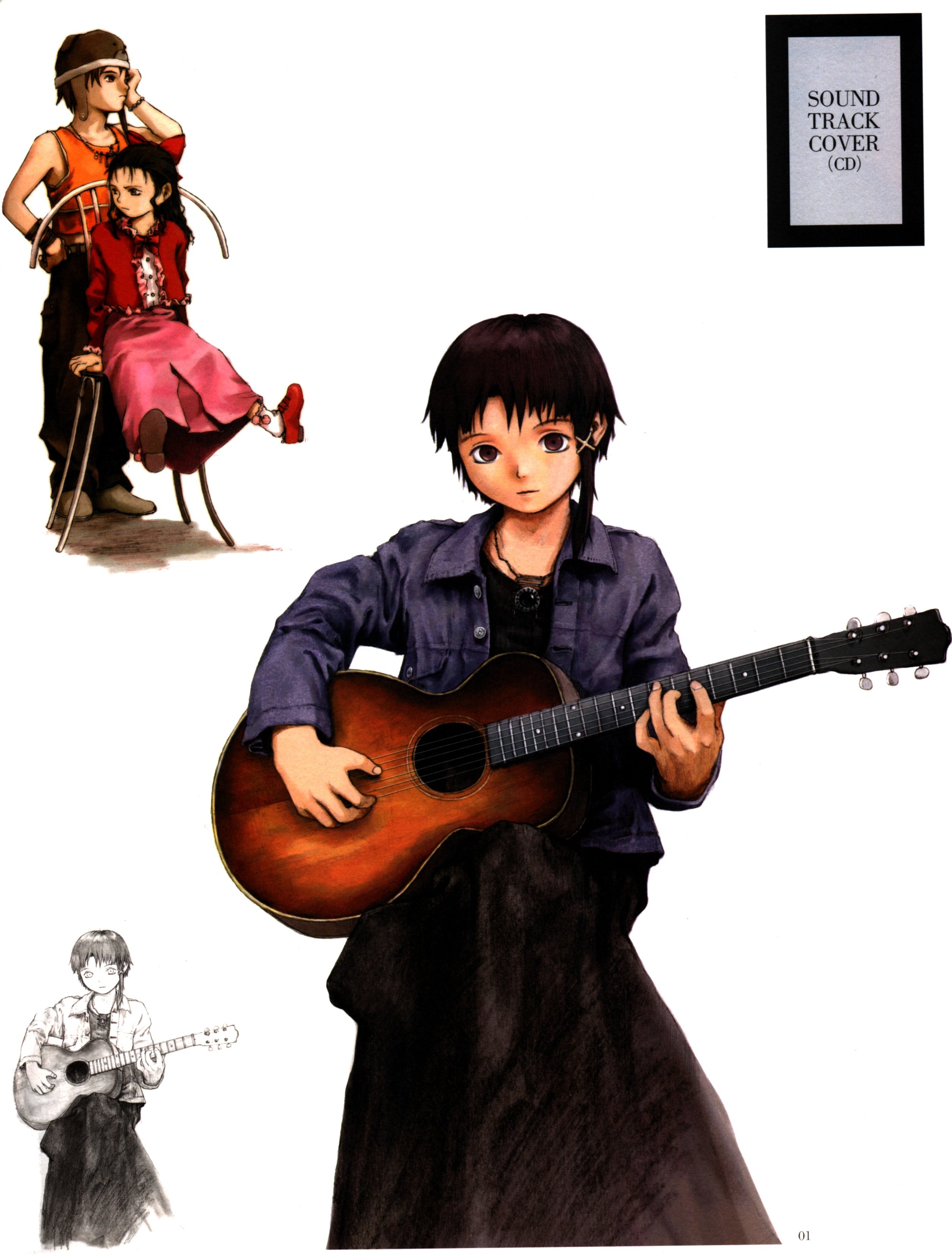 abe yoshitoshi, masayuki, iwakura lain, myu-myu, serial experiments lain, absurdres, artbook, highres, official art, scan, traditional media, 1990s (style), 2girls, acoustic guitar, brown eyes, brown hair, chair, english text, guitar, hair ornament, hairclip, hat, instrument, jacket, jewelry, monochrome, multiple girls, necklace, partially colored, retro artstyle, short hair, sitting, sketch, tank top