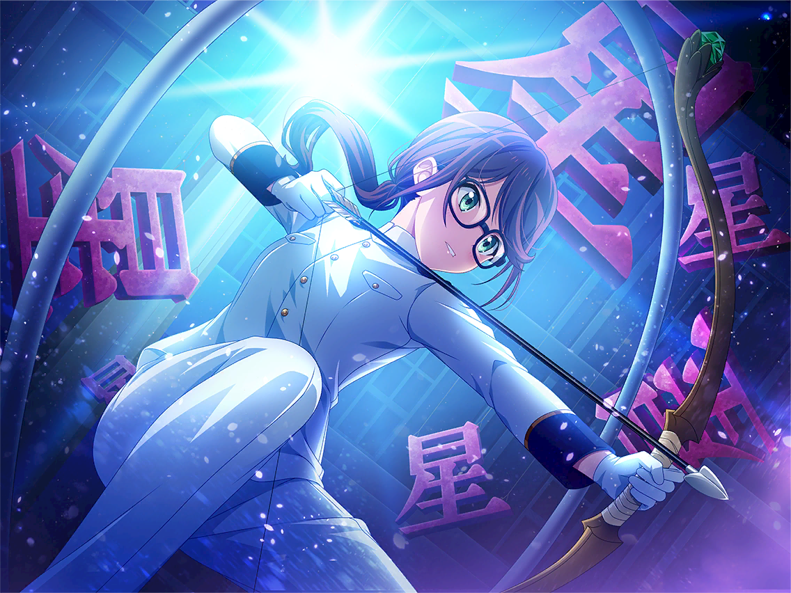 hoshimi junna, shoujo kageki revue starlight, shoujo kageki revue starlight -re live-, game cg, official art, 1girl, aiming, arrow (projectile), backlighting, bow (weapon), glasses, gloves, green eyes, holding, holding arrow, holding bow (weapon), holding weapon, jacket, long hair, long sleeves, pants, parted lips, ponytail, purple hair, sidelocks, solo, upper body, weapon, white gloves, white jacket, white pants