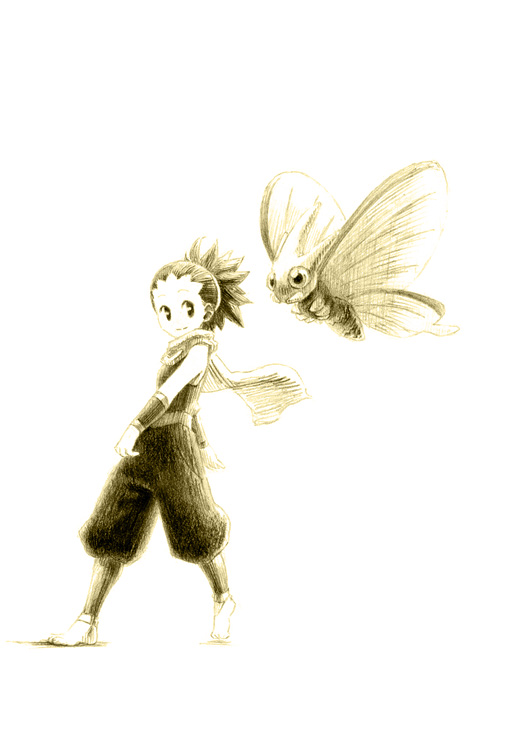 chiba (tibaacss), janine (pokemon), venomoth, nintendo, pokemon, pokemon gsc, pokemon hgss, 00s, 1990s (style), 1girl, bare shoulders, bracer, gen 1 pokemon, gym leader, monochrome, pokemon (creature), retro artstyle, scarf, sepia, short hair, simple background, sleeveless, white background