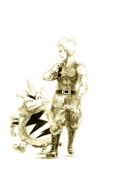 chiba (tibaacss), electabuzz, surge (pokemon), nintendo, pokemon, pokemon hgss, 00s, 1boy, bare shoulders, belt, boots, camouflage, full body, gen 1 pokemon, gym leader, lace-up boots, male focus, monochrome, muscular, pokemon (creature), sepia, simple background, sleeveless, spiked hair, sunglasses, white background