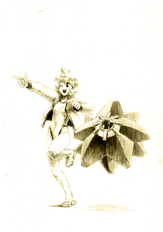 chiba (tibaacss), misty (pokemon), starmie, nintendo, pokemon, pokemon hgss, 00s, 1girl, competition swimsuit, gen 1 pokemon, gym leader, jacket, monochrome, one-piece swimsuit, one eye closed, pointing, pokemon (creature), sandals, sepia, short hair, simple background, swimsuit, white background, wink