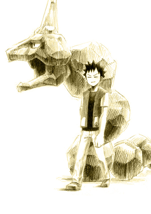 chiba (tibaacss), brock (pokemon), onix, nintendo, pokemon, 1boy, = =, gen 1 pokemon, gym leader, male focus, monochrome, pokemon (creature), sepia, simple background, spiked hair, vest, white background