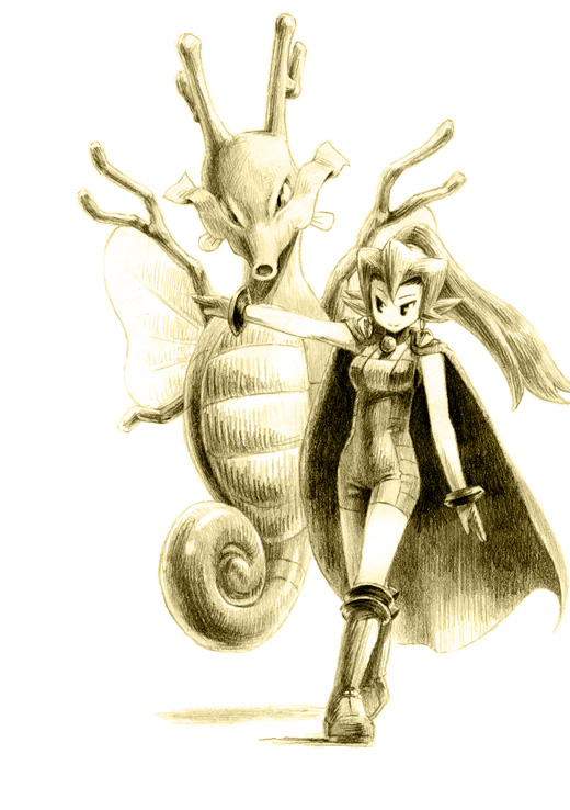 chiba (tibaacss), clair (pokemon), kingdra, nintendo, pokemon, pokemon hgss, 00s, 1girl, boots, bracelet, cape, full body, gen 2 pokemon, gloves, gym leader, jewelry, long hair, monochrome, pokemon (creature), ponytail, sepia, simple background, white background