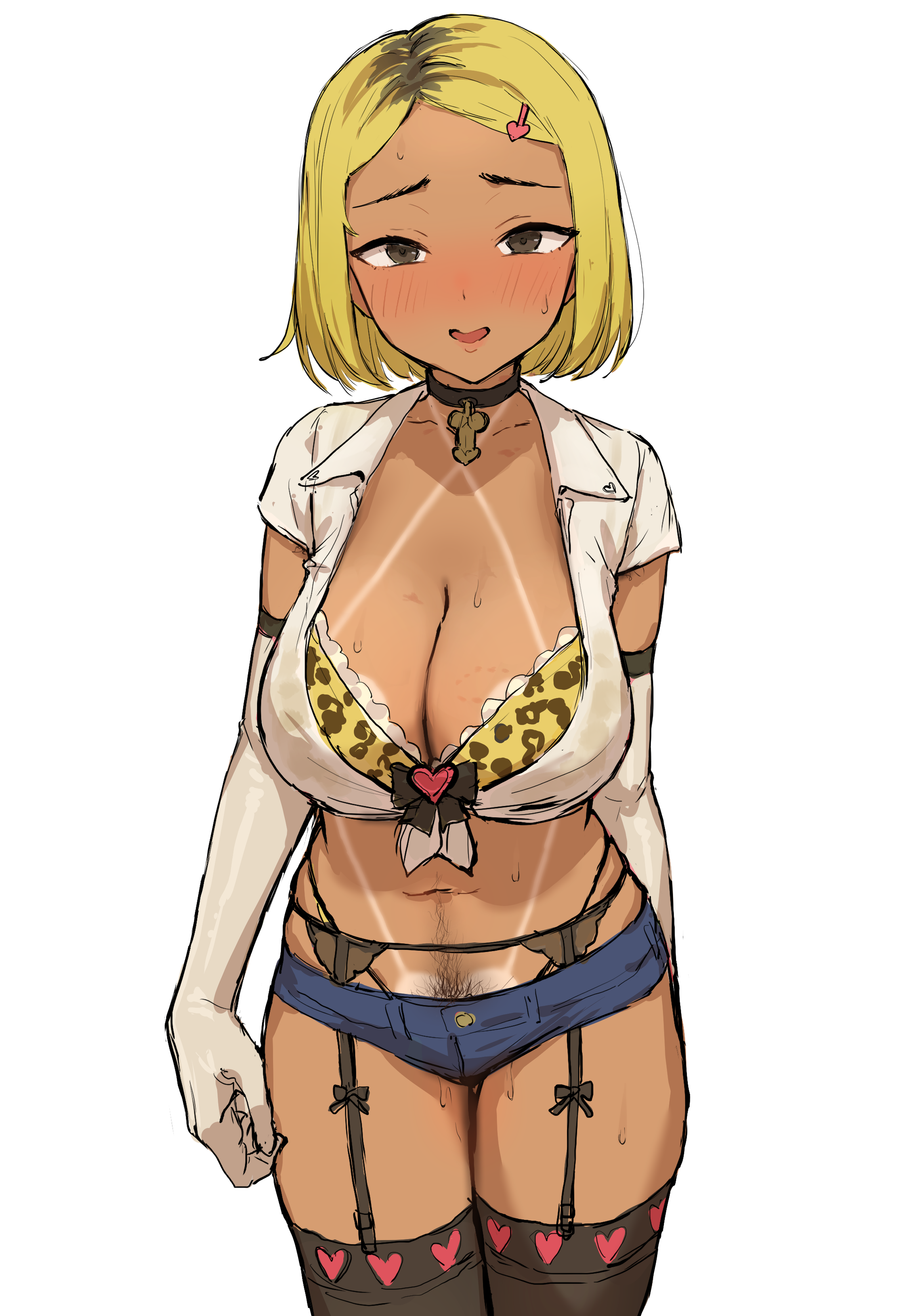 kono (yuri kotone ero), takenoko no you, 1girl, animal print, bikini tan, black thighhighs, blonde hair, blush, bra, breasts, choker, cleavage, cross, cross choker, dark-skinned female, dark skin, denim, denim shorts, elbow gloves, female pubic hair, garter belt, garter straps, gloves, gyaru, hair ornament, hairclip, heart, large breasts, leopard print, looking at viewer, micro shorts, navel, open mouth, panties, pubic hair, pubic hair peek, short hair, short shorts, shorts, simple background, smile, solo, sweat, tan, tanline, thighhighs, underwear, white background, white gloves