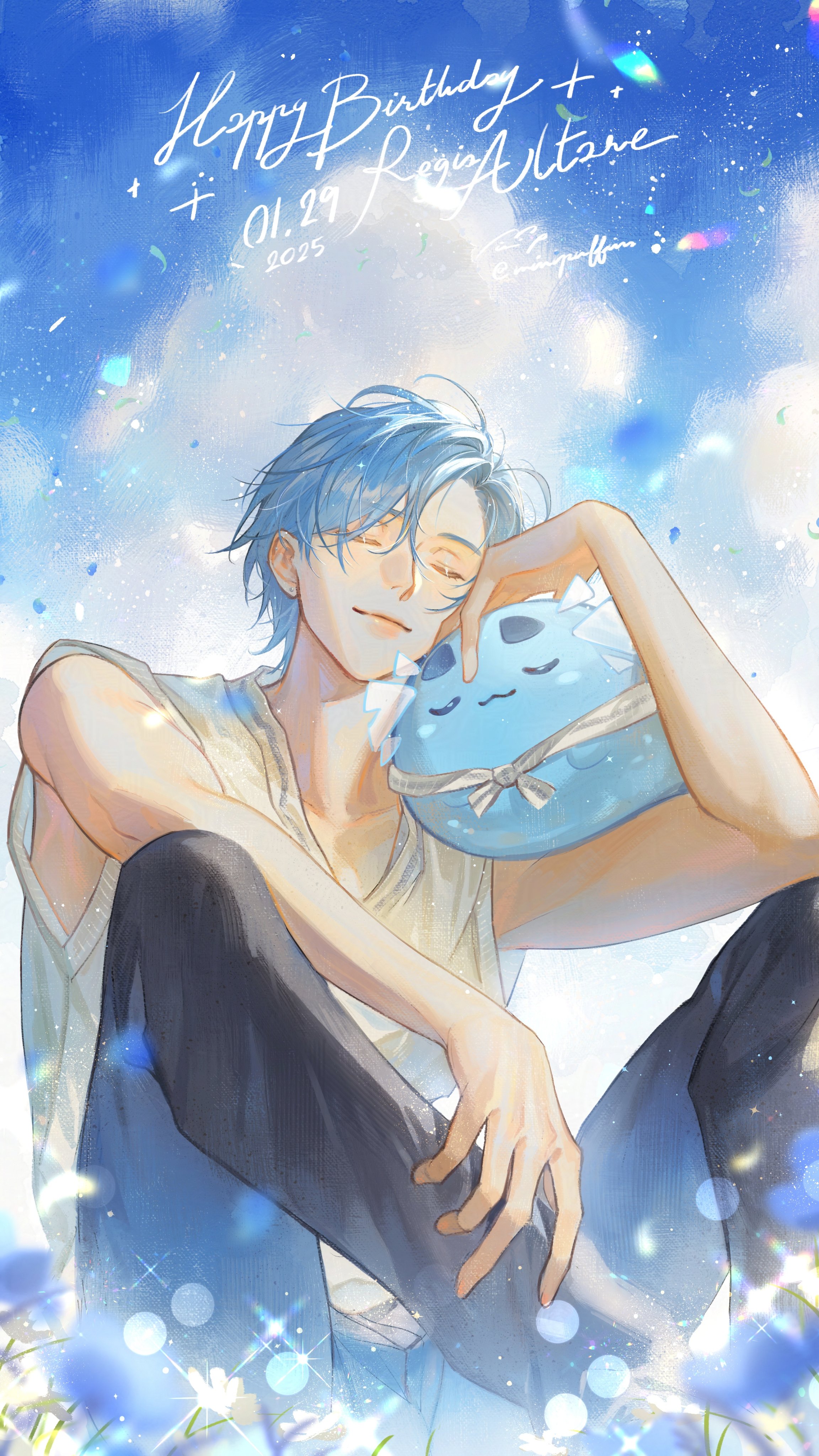 rm-parfait, altventurer (regis altare), regis altare, holostars, holostars english, absurdres, highres, 1boy, 2025, blue hair, closed eyes, cloud, creature, creature on shoulder, cursive, english text, field, flower, flower field, hair between eyes, happy birthday, holding, holding creature, light smile, on shoulder, shirt, sky, sleeveless, sleeveless shirt, slime (creature), virtual youtuber, white shirt