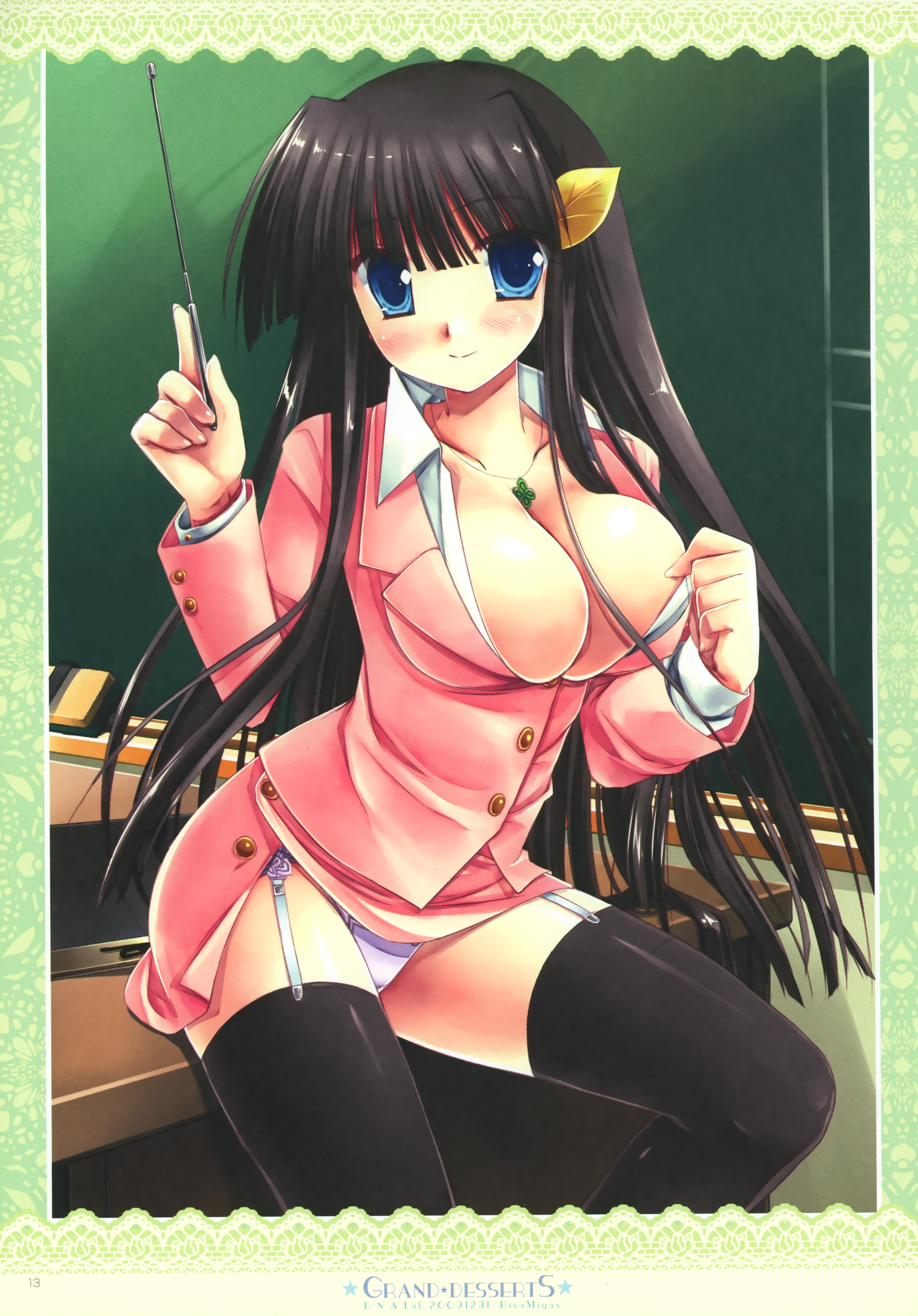 miyasu risa, absurdres, highres, huge filesize, 1girl, black thighhighs, breasts, cleavage, female focus, large breasts, solo, teacher, thighhighs