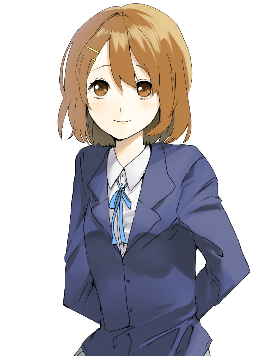 raafuru, hirasawa yui, k-on!, highres, 1girl, brown eyes, brown hair, female focus, school uniform, short hair, simple background, solo, white background