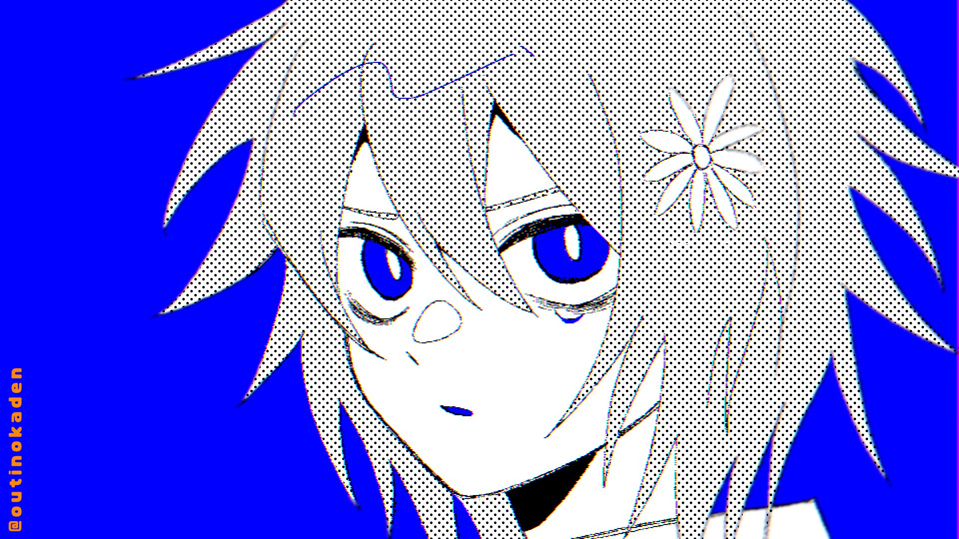 outinokaden, basil (faraway) (omori), basil (omori), omori, commentary request, highres, 1boy, artist name, ben-day dots, blue background, bright pupils, chromatic aberration, double-parted bangs, flower, greyscale with colored background, hair between eyes, hair flower, hair ornament, looking at viewer, male focus, parted lips, prototype design, saturated background, screentones, short hair, simple background, solo, spot color, twitter username, upper body, white pupils
