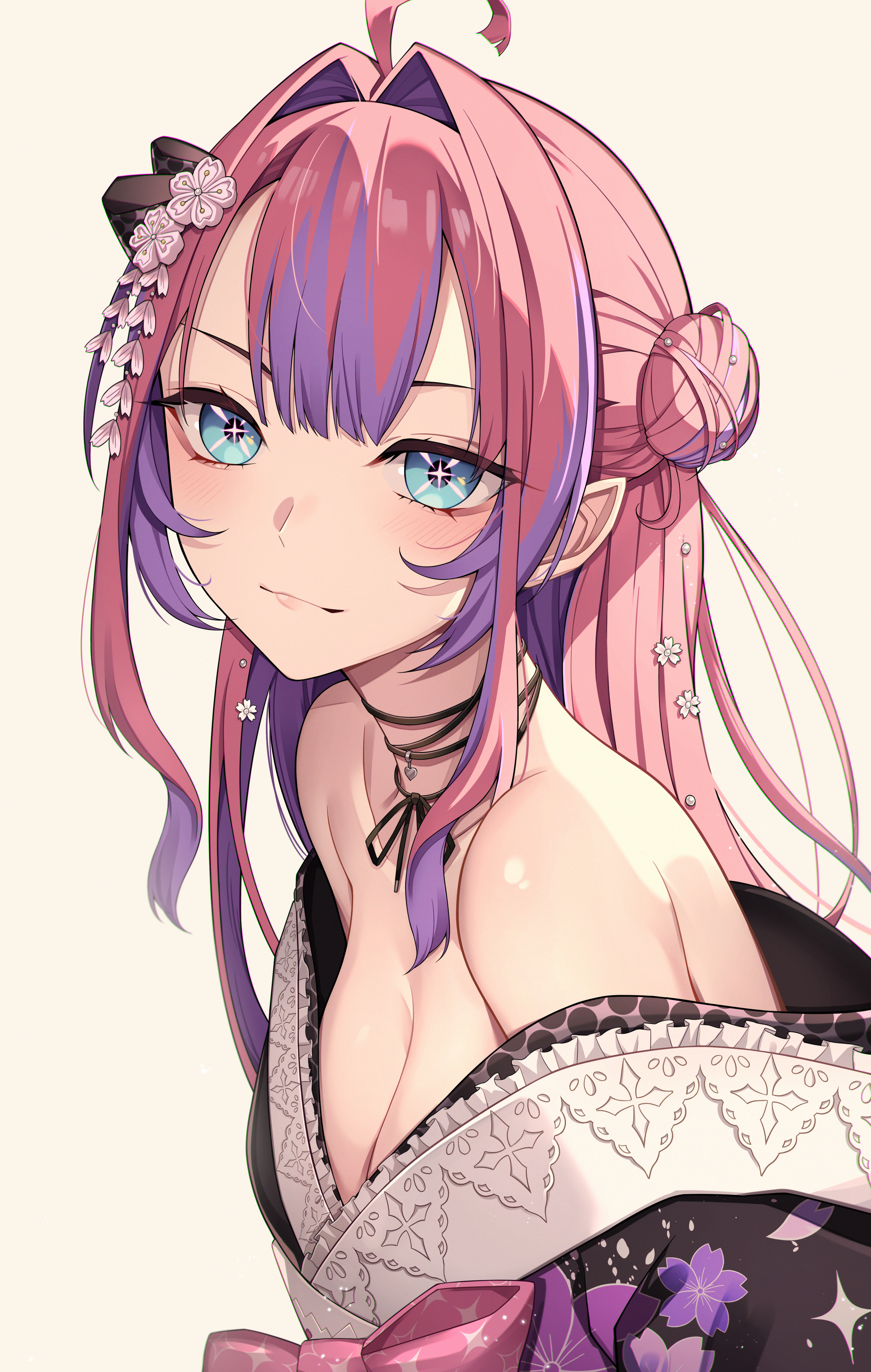 nurufufufu, kikirara vivi, hololive, hololive dev is, absurdres, commentary, highres, 1girl, ahoge, black kimono, breasts, center-flap bangs, cleavage, closed mouth, double-parted bangs, floral print, floral print kimono, flower, frilled kimono, frills, hair bun, hair flower, hair intakes, hair ornament, japanese clothes, kanzashi, kikirara vivi (new year), kimono, large breasts, light smile, long hair, looking at viewer, off shoulder, official alternate costume, official alternate hairstyle, pink hair, print kimono, side up bun, sidelocks, simple background, solo, tsumami kanzashi, upper body, virtual youtuber, white background