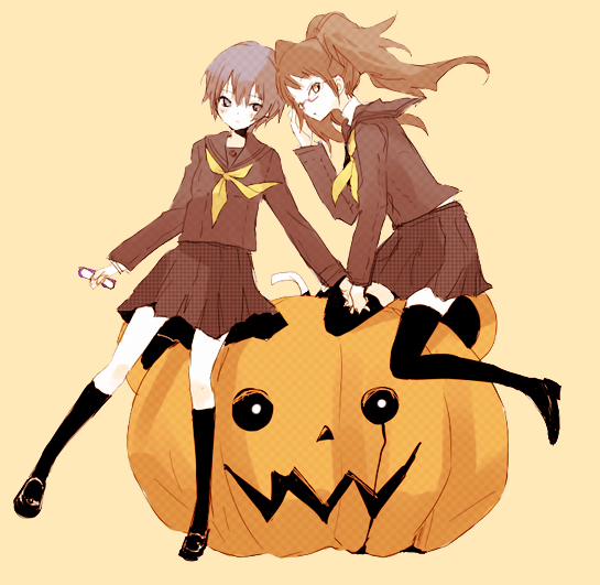 chiku, kujikawa rise, shirogane naoto, atlus, persona, persona 4, bad id, bad pixiv id, 2girls, blue hair, brown hair, glasses, jack-o'-lantern, legs, long hair, multiple girls, pumpkin, school uniform, serafuku, short hair, thighhighs, twintails