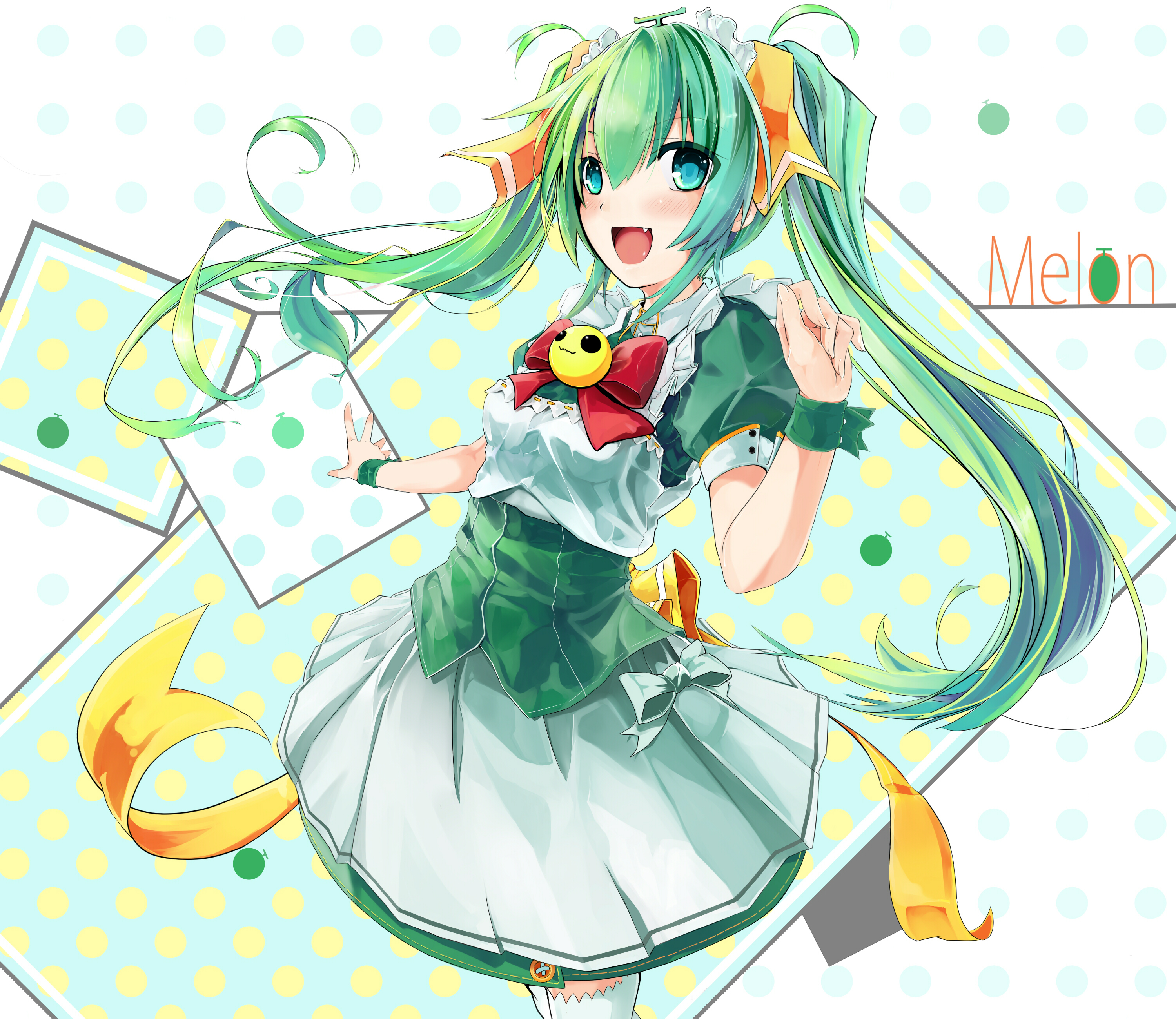 takanashie, melon-chan, melonbooks, absurdres, highres, 1girl, blue eyes, blush, bow, fang, female focus, green hair, solo, twintails, wrist cuffs, yellow bow