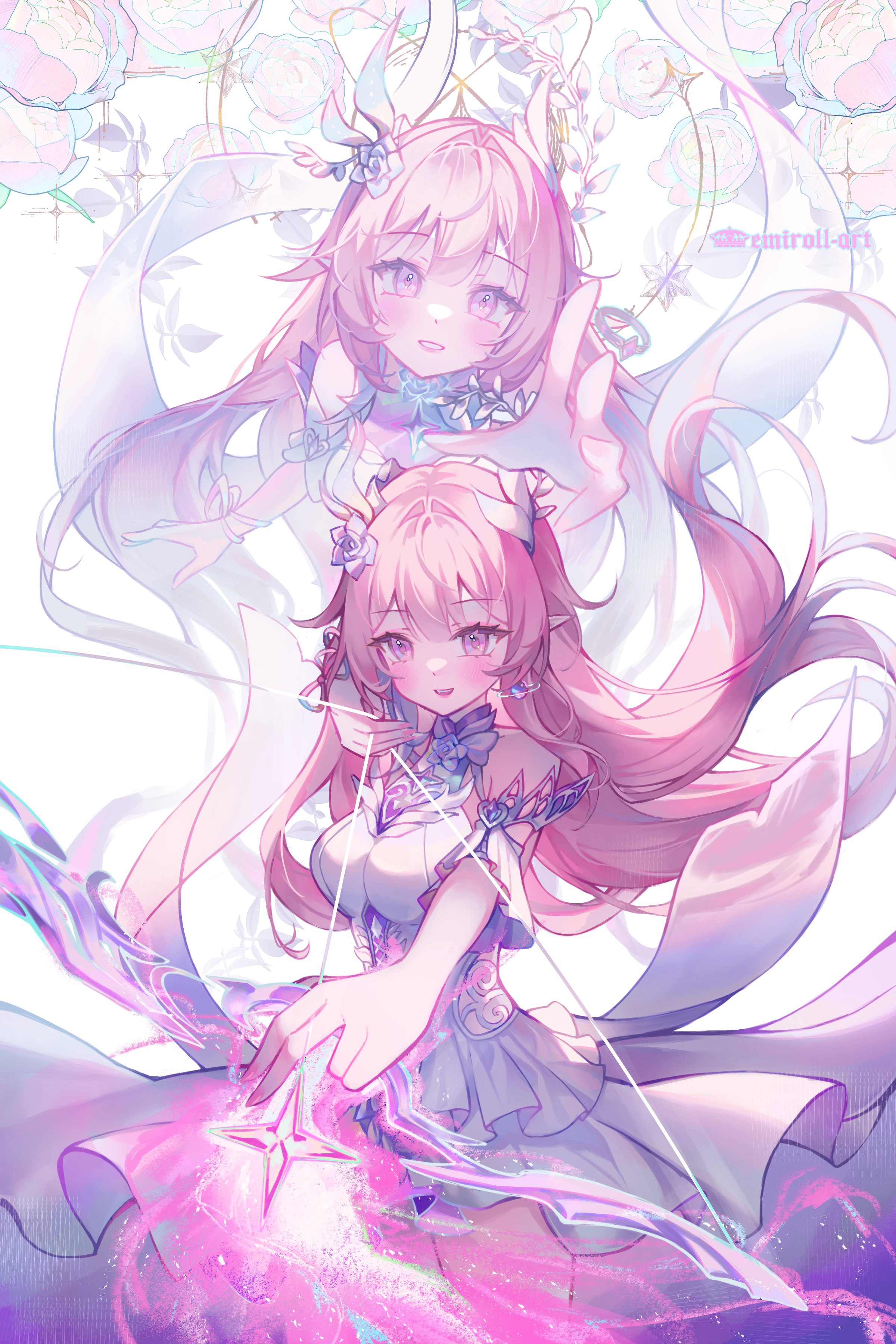 emiroll art, cyrene (demiurge) (honkai: star rail), cyrene (honkai: star rail), honkai: star rail, honkai (series), absurdres, commentary, english commentary, highres, 1girl, aiming, archery, arrow (projectile), artist name, bow (weapon), breasts, diamond-shaped pupils, diamond (shape), dress, earrings, flower, hair flower, hair ornament, holding, holding arrow, holding bow (weapon), holding weapon, jewelry, large breasts, long hair, multiple views, pink hair, purple eyes, reaching, reaching towards viewer, smile, symbol-shaped pupils, very long hair, weapon, white dress