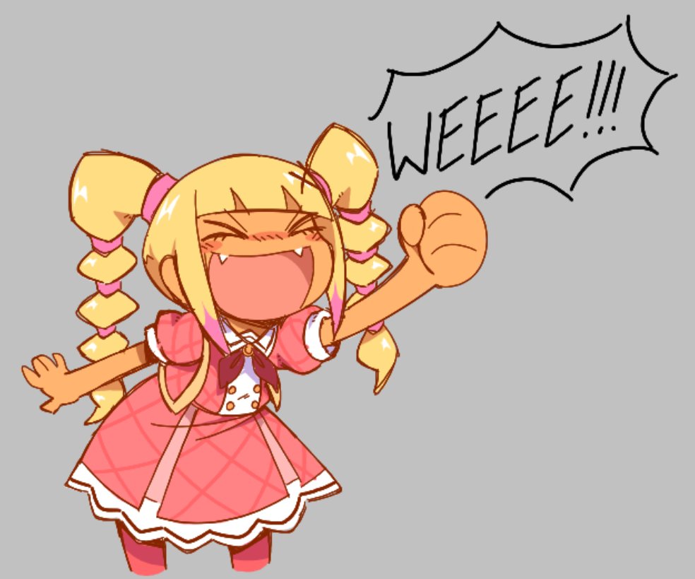 maxoke, tomodachi life, tomodachi life: living the dream, commentary, english commentary, > <, 1girl, :d, blonde hair, blush, chibi, clenched hand, closed eyes, cropped legs, crystal (tomodachi life: living the dream), dark-skinned female, dark skin, dress, english text, facing viewer, fangs, grey background, hand up, long hair, multi-tied hair, open mouth, pantyhose, pink dress, pink pantyhose, puffy short sleeves, puffy sleeves, sailor collar, short sleeves, smile, solo, speech bubble, twintails