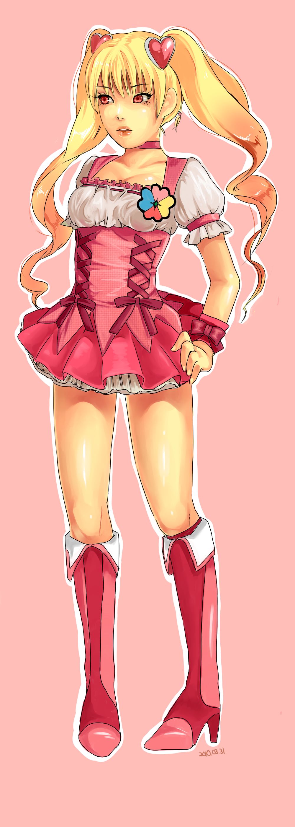 cure peach, momozono love, fresh precure!, precure, absurdres, artist request, highres, tagme, 00s, blonde hair, boots, breasts, cleavage, earrings, hair ornament, high heels, jewelry, pink eyes, twintails, waitress