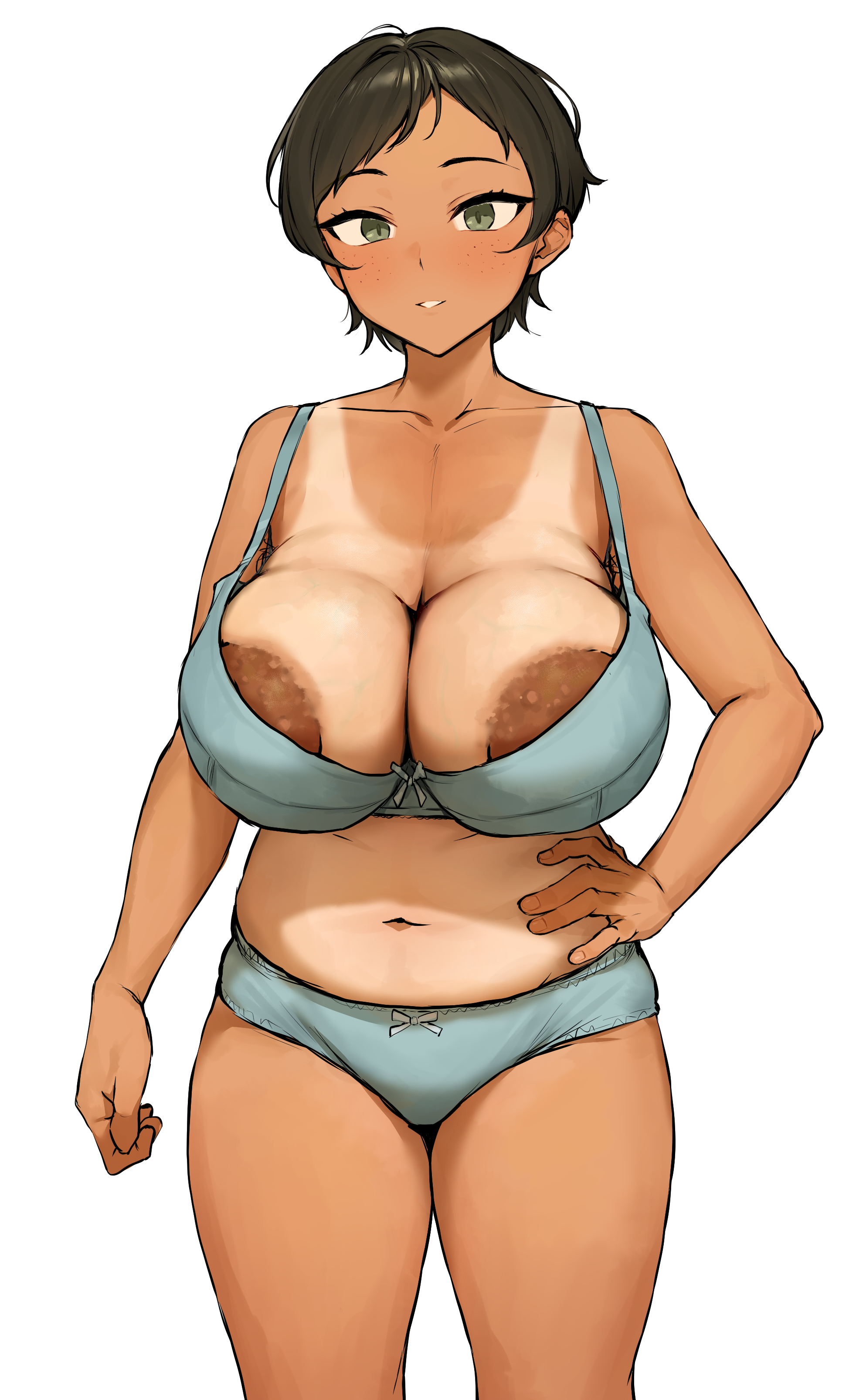 kono (yuri kotone ero), takenoko no you, 1girl, areola slip, black hair, blue bra, blue panties, blush, bra, breasts, cleavage, collarbone, freckles, green eyes, hand on own hip, huge breasts, large areolae, large breasts, looking at viewer, navel, nipple slip, nipples, panties, parted lips, short hair, simple background, solo, tan, tanline, underwear, underwear only, white background