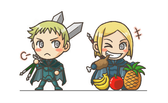 deneve, helen, claymore (series), 2girls, chibi, claymore (sword), eating, higharrow, multiple girls, one eye closed, sword, weapon, wink