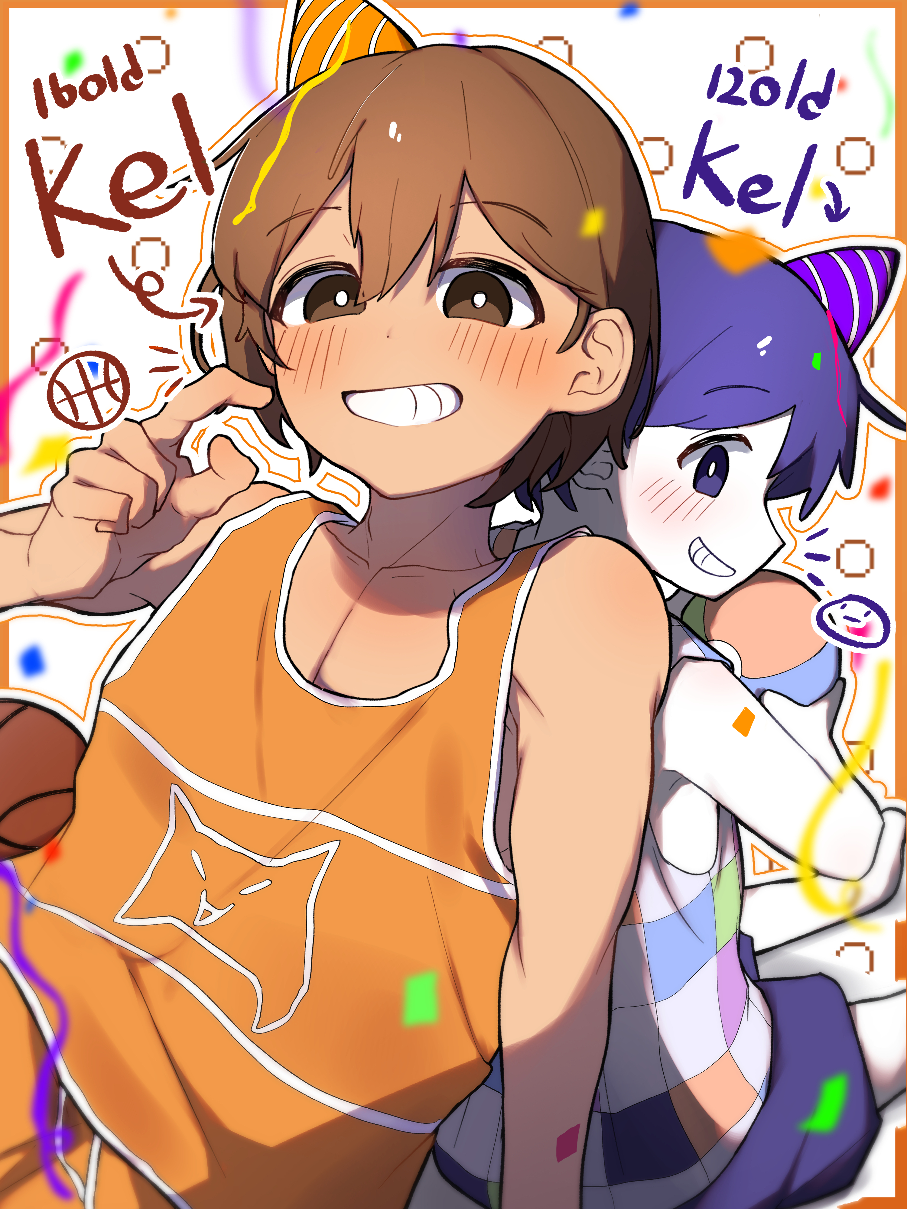 hector (omori), kel (faraway) (omori), kel (headspace) (omori), kel (omori), omori, absurdres, commentary request, highres, 2boys, arrow (symbol), ball, basketball (object), blush, bright pupils, brown eyes, brown hair, character name, collarbone, colored skin, confetti, dark-skinned male, dark skin, double-parted bangs, dual persona, grin, hair behind ear, hair between eyes, hat, holding, holding ball, looking at viewer, male focus, multiple boys, omiriomiri, open mouth, party hat, purple eyes, purple hair, purple shorts, short hair, shorts, sitting, smile, teeth, white pupils, white skin