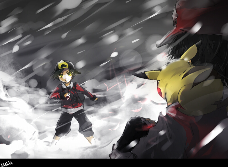 lulu season, ethan (pokemon), pikachu, red (pokemon), nintendo, pokemon, pokemon hgss, pokemon rgby, bad id, bad pixiv id, spoilers, 00s, 1990s (style), 2boys, alternate costume, backpack, backwards hat, bag, baseball cap, gen 1 pokemon, hat, male focus, multiple boys, pokemon (creature), randoseru, retro artstyle, showdown, snow