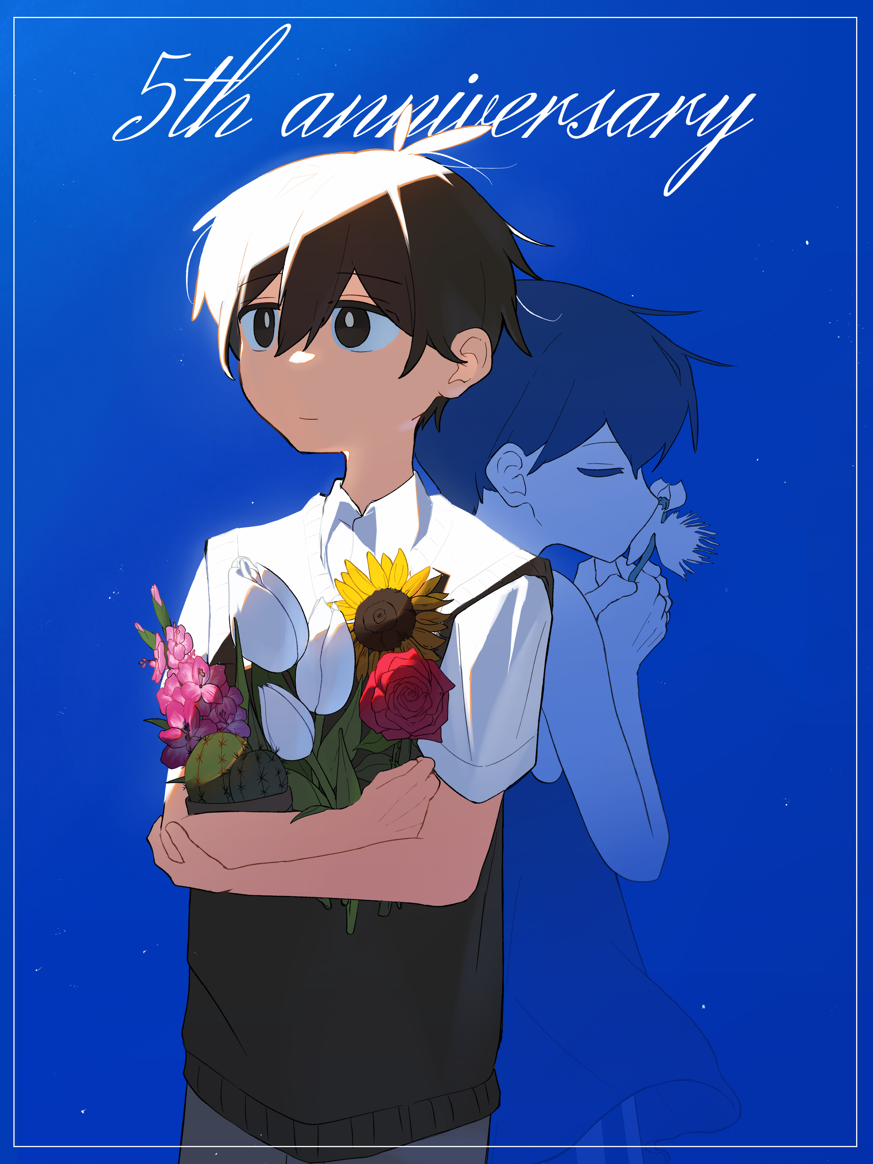 omori (omori), sunny (omori), omori, absurdres, commentary request, highres, 2boys, anniversary, antenna hair, black eyes, black hair, black sweater vest, black tank top, blue background, cactus, closed eyes, closed mouth, collared shirt, colored skin, double-parted bangs, dual persona, egret orchid, english text, flower, flower pot, gladiolus, hair between eyes, holding, holding flower, holding flower pot, male focus, multiple boys, omiriomiri, plant, potted plant, red flower, red rose, rose, shirt, short hair, short sleeves, simple background, sunflower, sweater vest, tank top, tulip, white flower, white shirt, white skin, white tulip