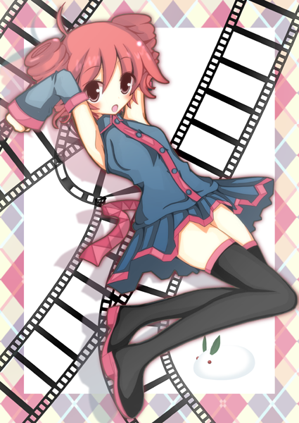 akinasubi, kasane teto, kasane teto (utau), utau, vocaloid, 1girl, ahoge, armpits, arms up, detached sleeves, drill hair, female focus, legs, red eyes, red hair, skirt, smile, solo, thighhighs, twin drills, twintails, zettai ryouiki