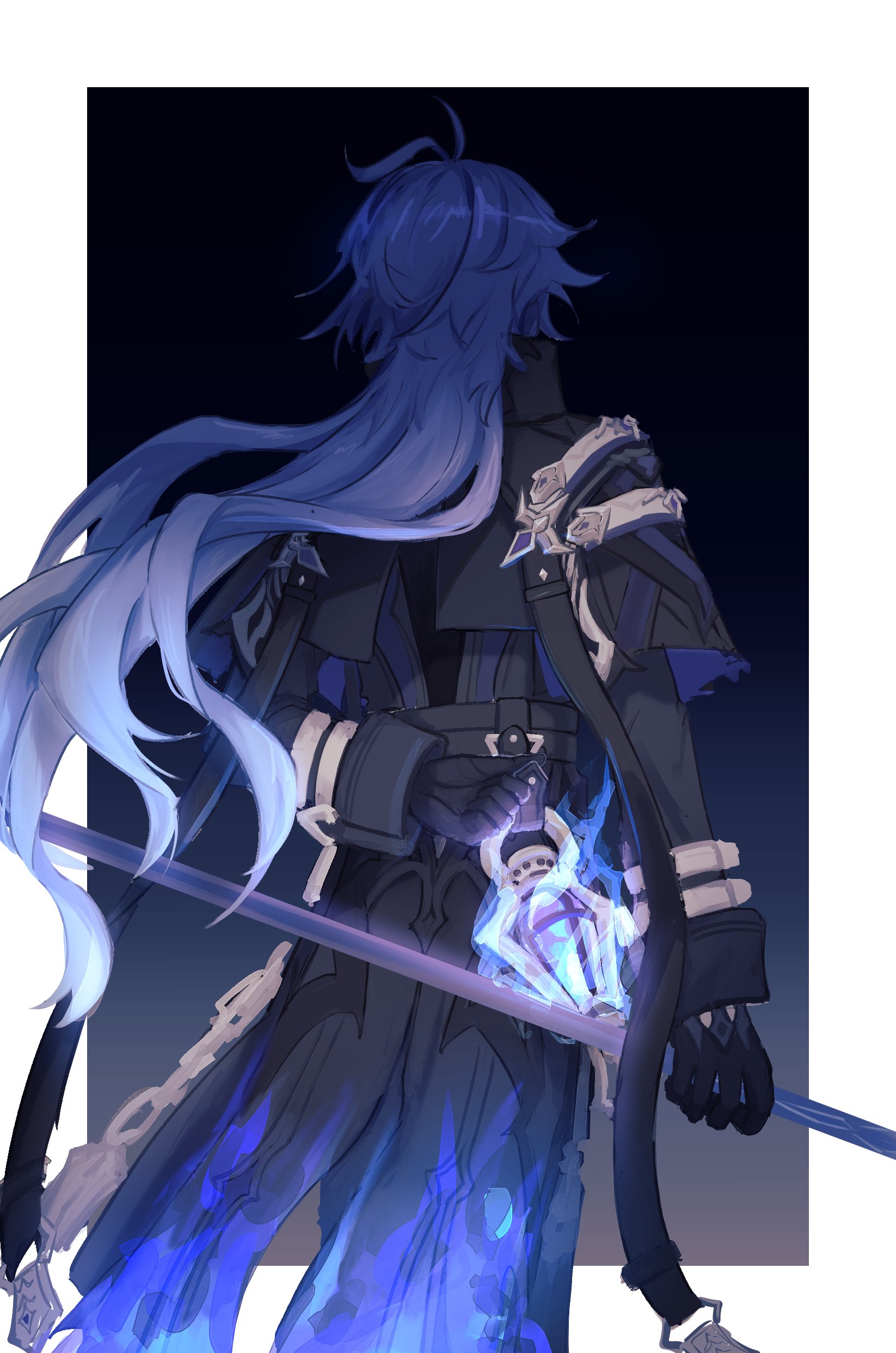 nilre takoi, flins (genshin impact), genshin impact, absurdres, highres, 1boy, arm behind back, black coat, black gloves, border, coat, feet out of frame, floating hair, gloves, gradient hair, holding, holding weapon, lantern, long hair, long sleeves, male focus, multicolored hair, outside border, polearm, solo, standing, very long hair, weapon, white border