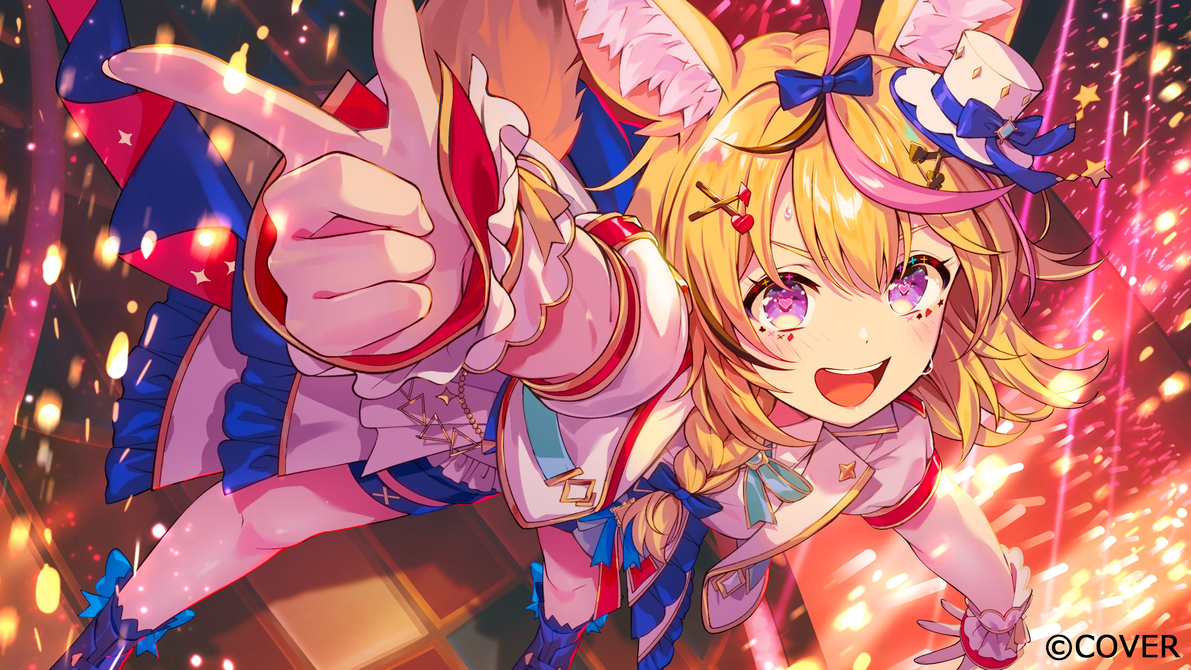 mochipuyo (canvas mochi), omaru polka, hololive, absurdres, commentary request, highres, official art, 1girl, :d, ahoge, animal ear fluff, animal ears, arm up, black streaks, blonde hair, blue boots, blue bow, blue shorts, boots, bow, braid, concert, copyright name, double-parted bangs, facial mark, fox ears, fox girl, fox tail, frilled skirt, frills, hair between eyes, hair bow, hair over shoulder, hat, heart, heart-shaped pupils, hololive idol uniform (bright), idol clothes, jacket, legs apart, long hair, looking at viewer, mark under eye, mini hat, mini top hat, official alternate costume, open mouth, pink streaks, puffy short sleeves, puffy sleeves, purple eyes, shirt, short-sleeved jacket, short shorts, short sleeves, shorts, showgirl skirt, side braid, single braid, skirt, smile, solo, standing, symbol-shaped pupils, tail, teeth, thigh strap, top hat, upper teeth only, virtual youtuber, white hat, white jacket, white shirt, white skirt, wrist cuffs