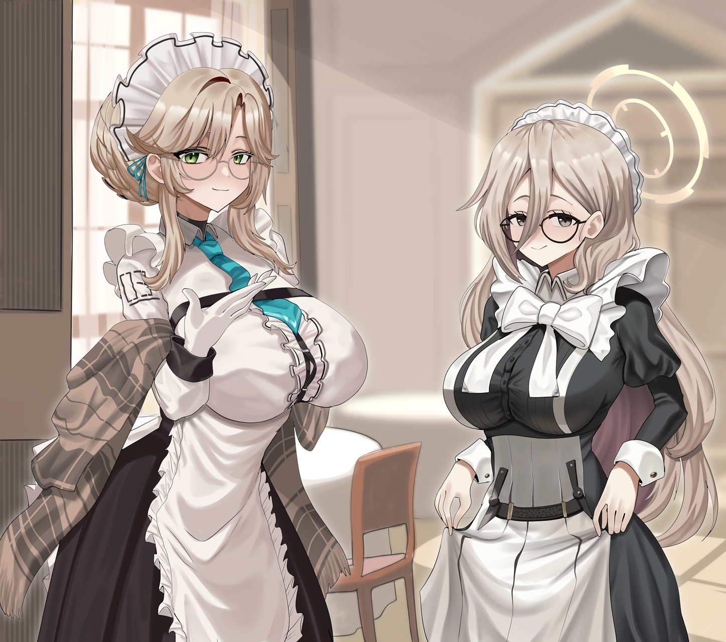 gudakoguda, ade (nikke), akane (blue archive), blue archive, goddess of victory: nikke, commentary request, highres, 2girls, apron, black dress, blush, breasts, brown shawl, closed mouth, cosplay, costume switch, dress, glasses, gloves, green eyes, grey eyes, halo, large breasts, long hair, long sleeves, looking at viewer, maid, maid headdress, multiple girls, necktie, shawl, shirt, smile, white apron, white gloves, white shirt
