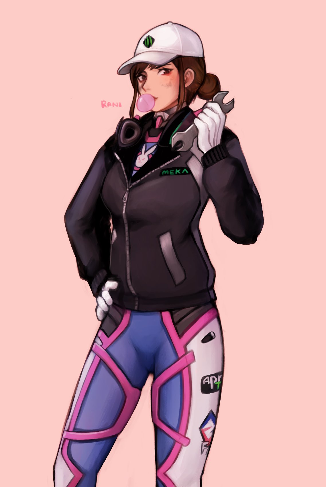kookirani, d.va (overwatch), overwatch, commentary, english commentary, highres, 1girl, baseball cap, blowing bubble gum, blue bodysuit, bodysuit, brown hair, chewing gum, dirty, dirty face, gloves, hand on own hip, hat, holding, holding wrench, long sleeves, looking at viewer, simple background, solo, white gloves, wrench