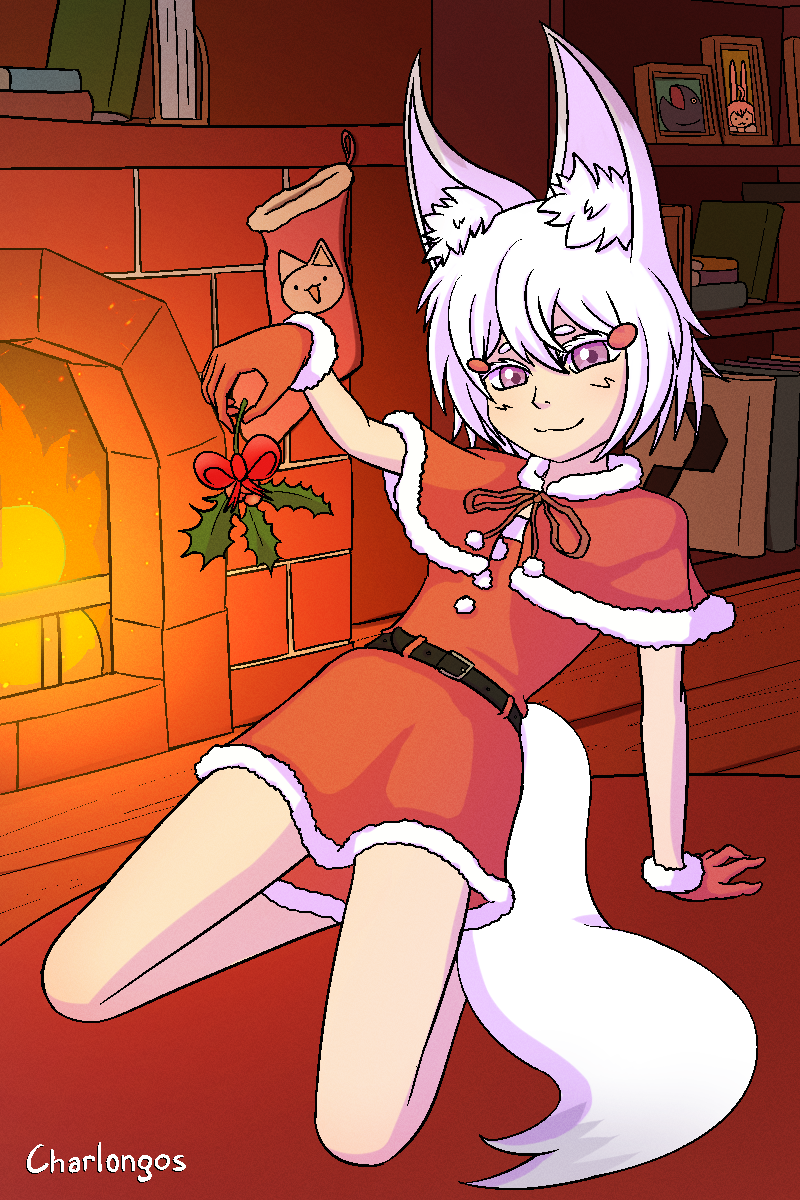 tenma maemi, phase connect, commentary, english commentary, highres, animal ears, charlongos, chimney, christmas, fox ears, fox tail, holly, purple eyes, tail, virtual youtuber, white hair