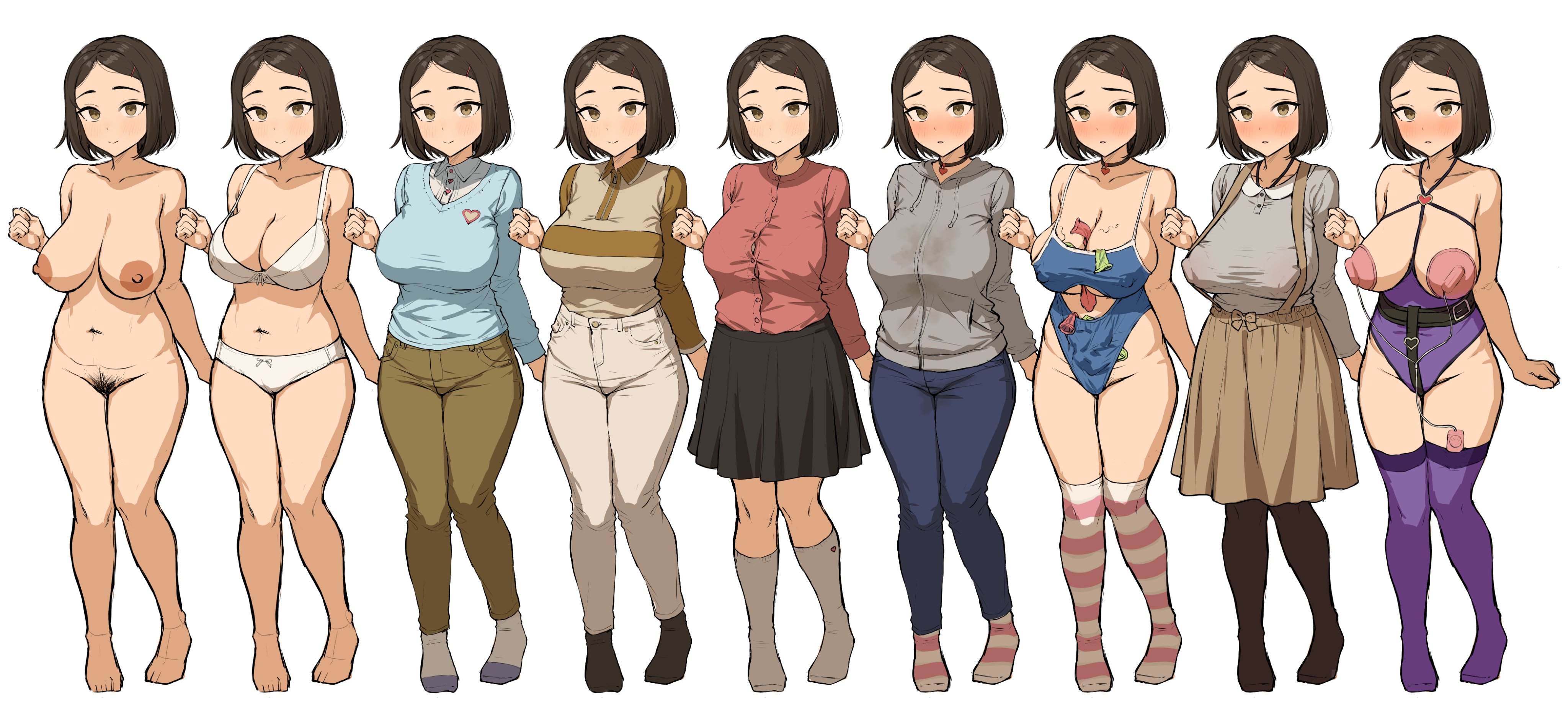 kono (yuri kotone ero), takenoko no you, striped, 1girl, barefoot, blue leotard, blush, bra, breasts, brown eyes, brown hair, brown skirt, cleavage, closed mouth, collared shirt, female pubic hair, kneehighs, large breasts, leotard, long sleeves, looking at viewer, mole, mole on breast, multiple views, navel, nipples, nude, panties, pants, pleated skirt, pubic hair, sex toy, shirt, short hair, simple background, skirt, smile, socks, standing, suspenders, sweater, swimsuit, thighhighs, underwear, variations, vibrator, white background, white bra, white panties