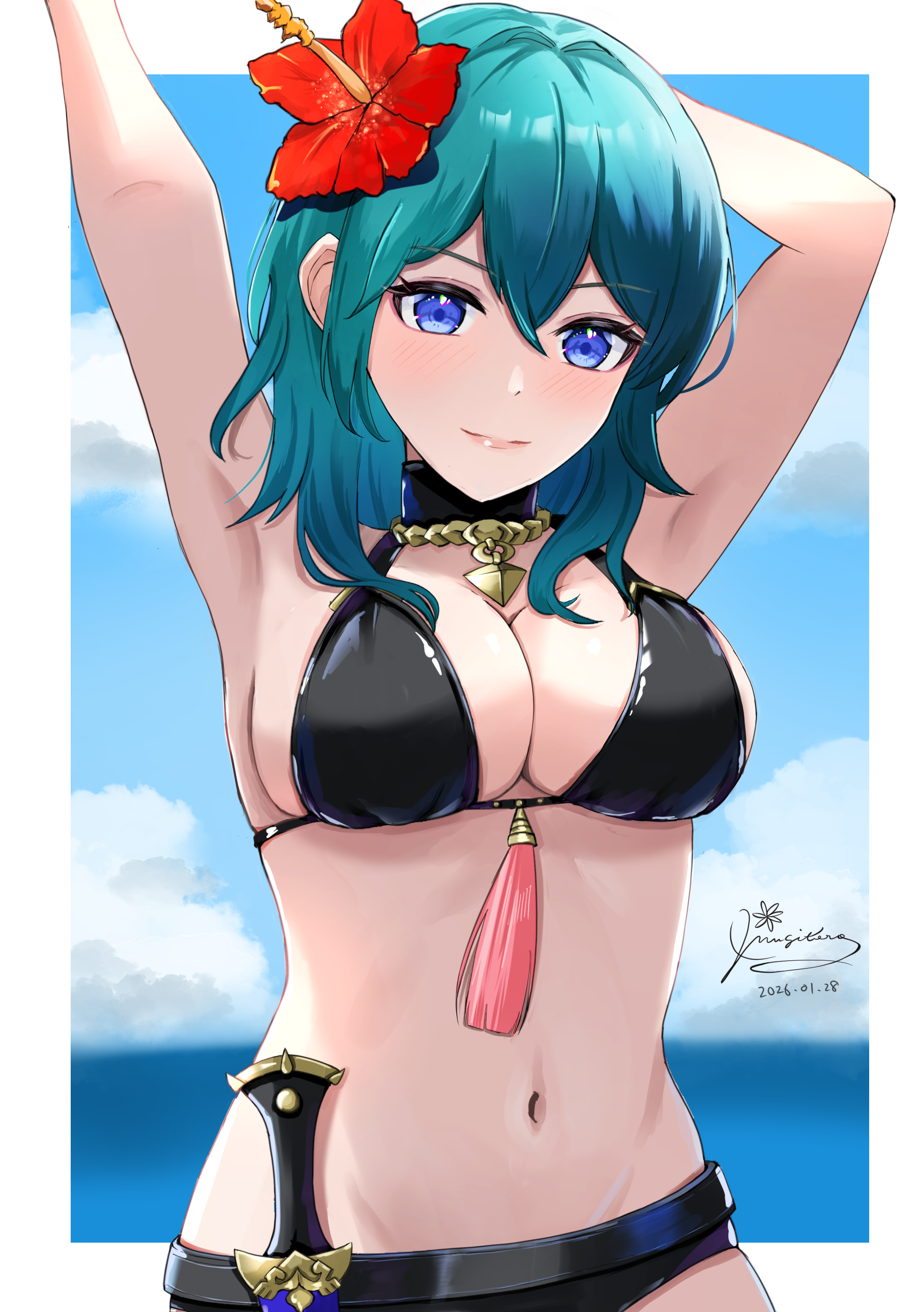 mugitoro (dsfv2277), female byleth (fire emblem), female byleth (summer) (fire emblem), fire emblem, fire emblem: three houses, fire emblem heroes, nintendo, absurdres, commentary request, highres, 1girl, armpits, arms up, bare shoulders, belt, bikini, black belt, black bikini, black collar, blue eyes, blue hair, blue sky, border, breasts, cleavage, closed mouth, cloud, collar, cowboy shot, dagger, dated, day, flower, groin, hair between eyes, hair flower, hair ornament, hibiscus, jewelry, knife, large breasts, light blush, long hair, looking at viewer, navel, necklace, ocean, official alternate costume, red flower, sheath, sheathed, sidelocks, signature, sky, smile, solo, standing, stomach, swimsuit, tassel, weapon, white border