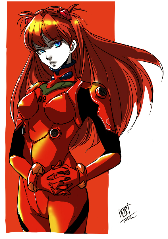 teruchan, souryuu asuka langley, neon genesis evangelion, 1girl, blue eyes, bracer, breasts, breasts apart, colored skin, cowboy shot, female focus, hair between eyes, hair ornament, interlocked fingers, lips, long hair, mecha pilot suit, outside border, own hands clasped, own hands together, plugsuit (evangelion), red background, red hair, signature, simple background, solo, standing, two side up, white background, white skin
