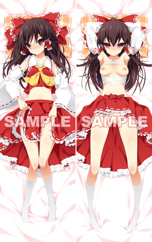show (rinnetenshow), hakurei reimu, touhou, 1girl, armpits, blush, bow, breasts, clothes lift, dakimakura (medium), female focus, hair bow, hair ribbon, multiple views, nipples, no panties, ribbon, sample watermark, sarashi, skirt, skirt lift, socks, watermark
