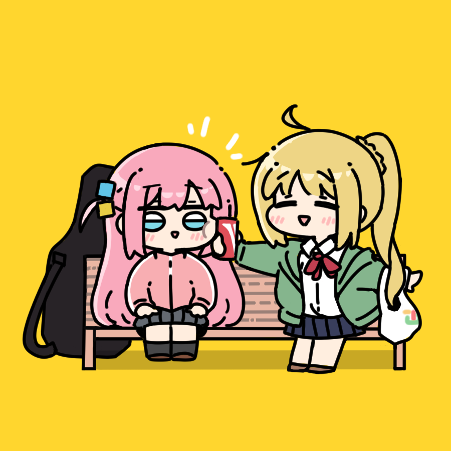 yakotako, gotoh hitori, ijichi nijika, bocchi the rock!, commentary request, 2girls, ahoge, bag, black socks, blush, can to cheek, chibi, chibi only, grocery bag, guitar case, happy, instrument case, multiple girls, open mouth, pink hair, pleated skirt, ponytail, shopping bag, simple background, skirt, socks, white socks, yellow background