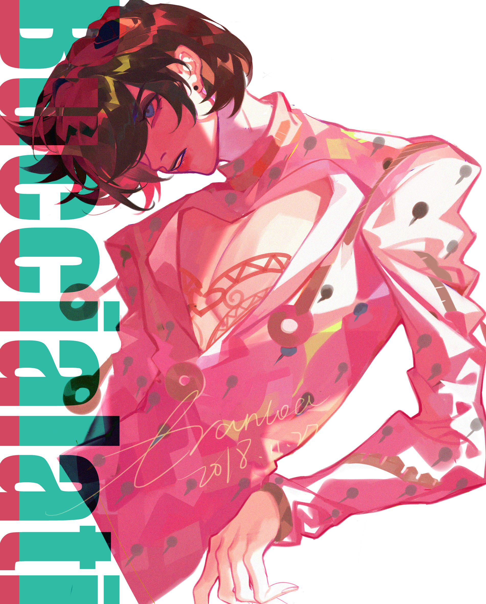aranloce, bruno bucciarati, jojo no kimyou na bouken, vento aureo, commentary, english commentary, highres, 1boy, 2018, blue eyes, character name, dated, earrings, hair over one eye, jewelry, short hair, signature, solo, stud earrings, zipper pull tab