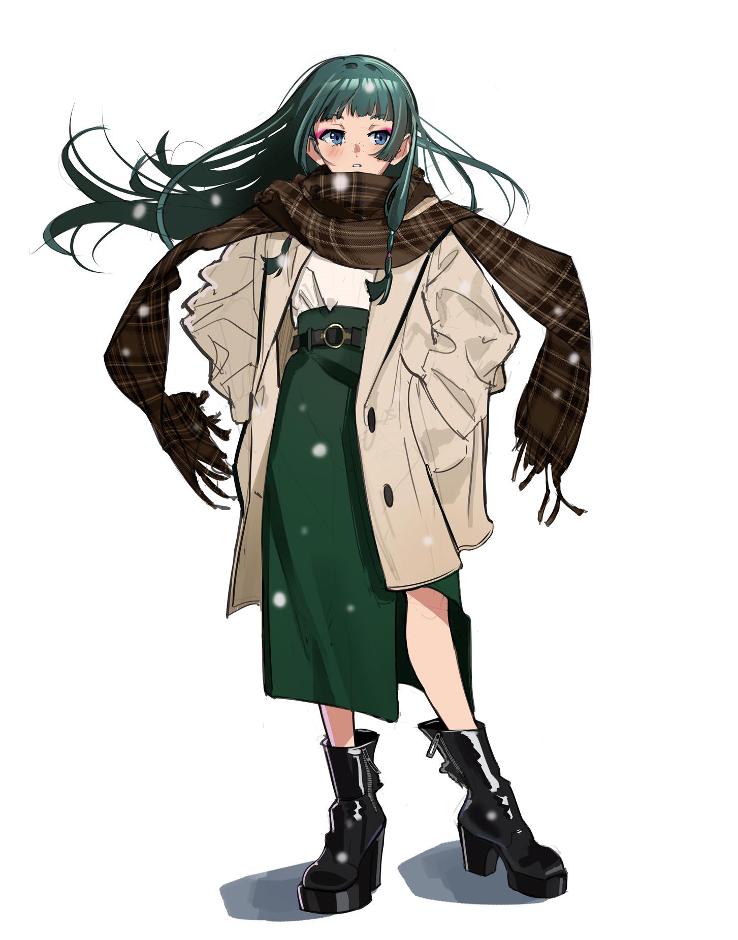 davoxime, maomao (kusuriya no hitorigoto), kusuriya no hitorigoto, commentary, english commentary, highres, 1girl, alternate costume, belt, black boots, blue eyes, blunt bangs, boots, brown coat, brown scarf, coat, contemporary, eyeshadow, floating hair, freckles, full body, green skirt, hands in pockets, high-waist skirt, long hair, long skirt, long sleeves, makeup, parted lips, plaid clothes, plaid scarf, red eyeshadow, scarf, simple background, skirt, snow, solo, standing, white background