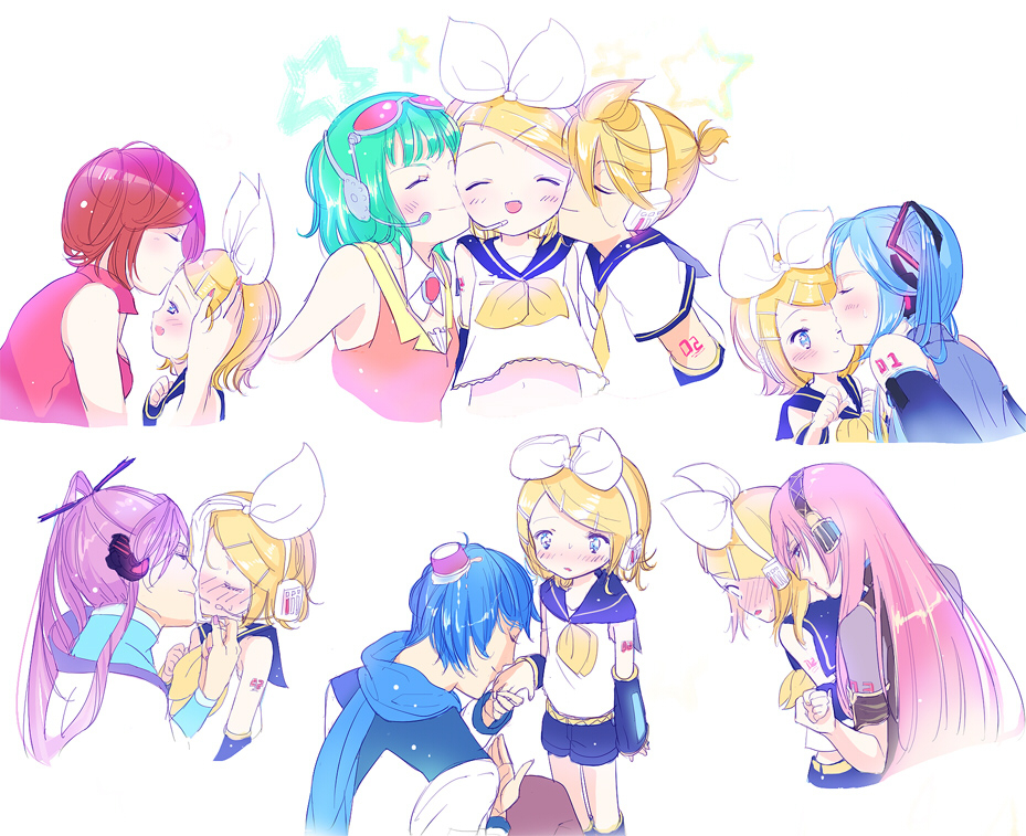 hagi (artist), gumi, hatsune miku, kagamine len, kagamine rin, kaito (vocaloid), kamui gakupo, megurine luka, meiko (vocaloid), vocaloid, bad id, bad pixiv id, 3boys, 5girls, ^ ^, arm tattoo, blush, closed eyes, embarrassed, food, food on head, hand on another's head, high ponytail, holding another's wrist, ice cream, kiss, kissing cheek, kissing forehead, kissing hand, kissing neck, multiple boys, multiple girls, multiple views, object on head, one eye covered, ponytail, simple background, spill, standing, surprised, swept bangs, tattoo, white background