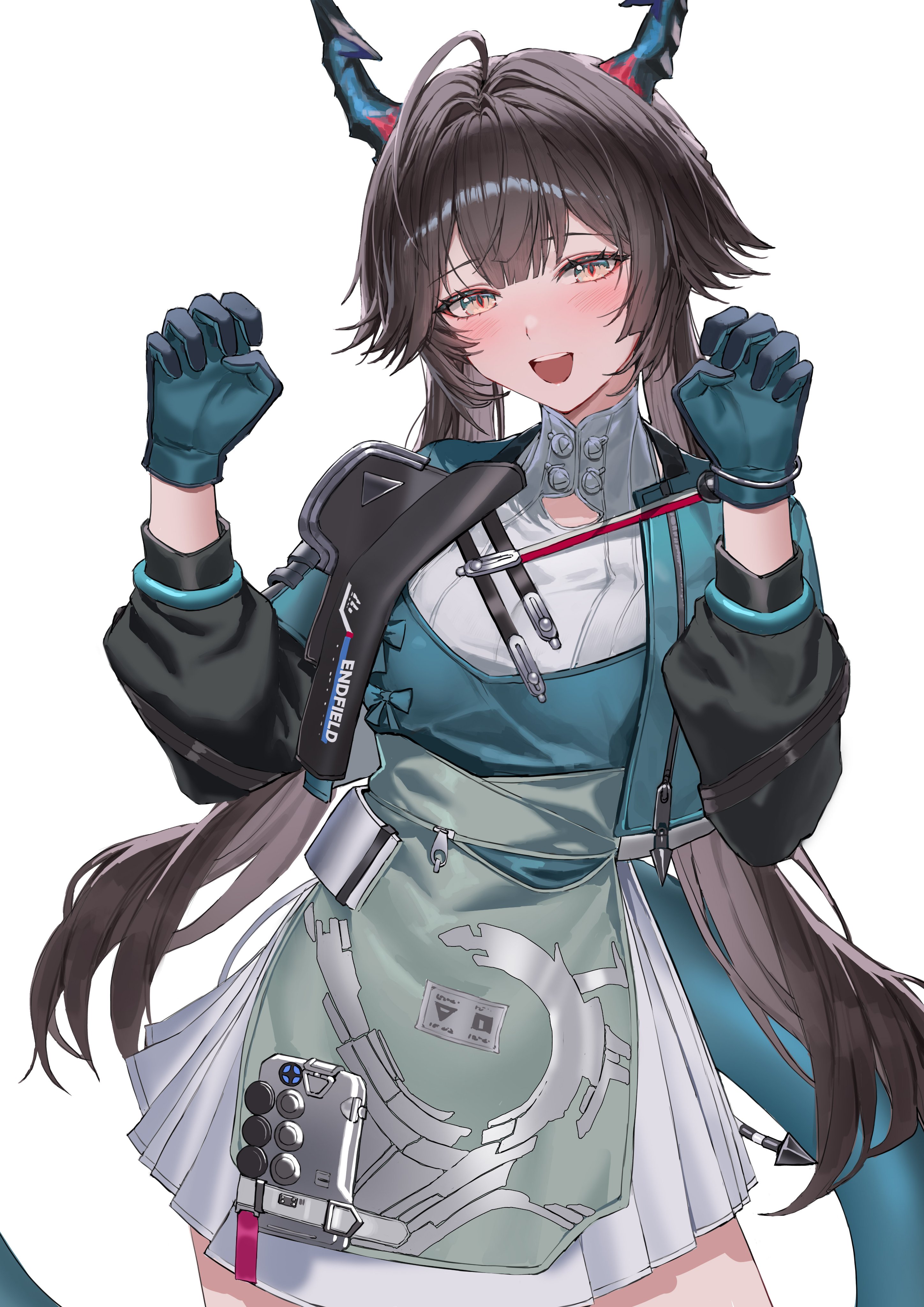 molyb, chen qianyu (arknights), arknights, arknights: endfield, absurdres, commentary, english commentary, highres, 1girl, ahoge, black hair, blue gloves, dragon girl, dragon horns, dragon tail, dress, eastern dragon horns, eastern dragon tail, gloves, horns, long hair, multicolored eyes, multicolored gloves, simple background, solo, tail, twintails, two-tone eyes, two-tone gloves, white background, white dress