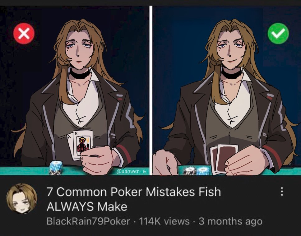 unower s, dante (limbus company), rodion (project moon), limbus company, project moon, 1girl, artist name, black choker, black coat, black vest, brown hair, card, choker, coat, curtained hair, english text, holding, holding card, lapels, long hair, meme, notched lapels, open clothes, open coat, poker, poker table, raised eyebrow, shirt, single sidelock, smile, table, vest, white shirt